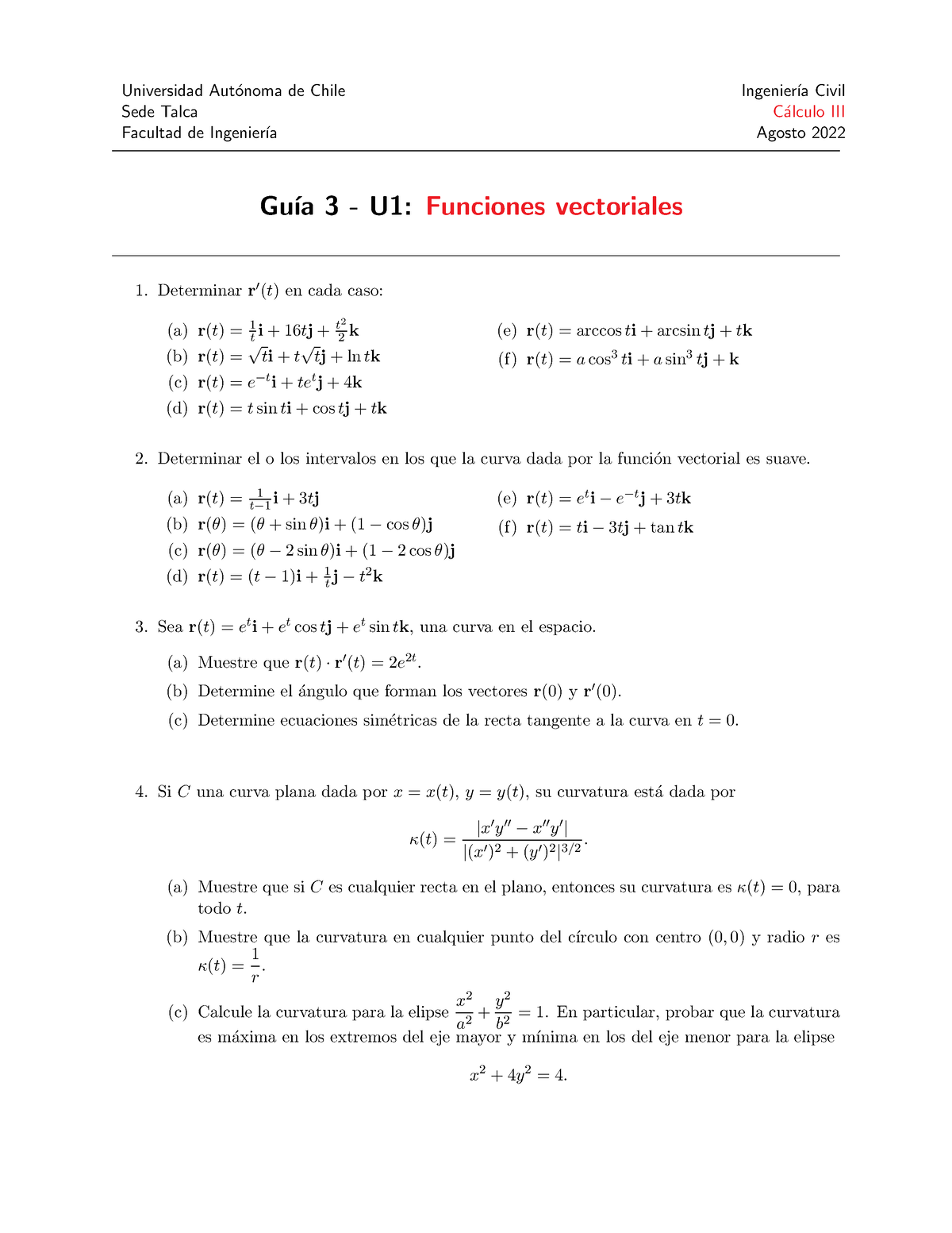 Guía 3 - Cálculo III - Funciones Vect - Universidad Aut ́onoma De Chile ...