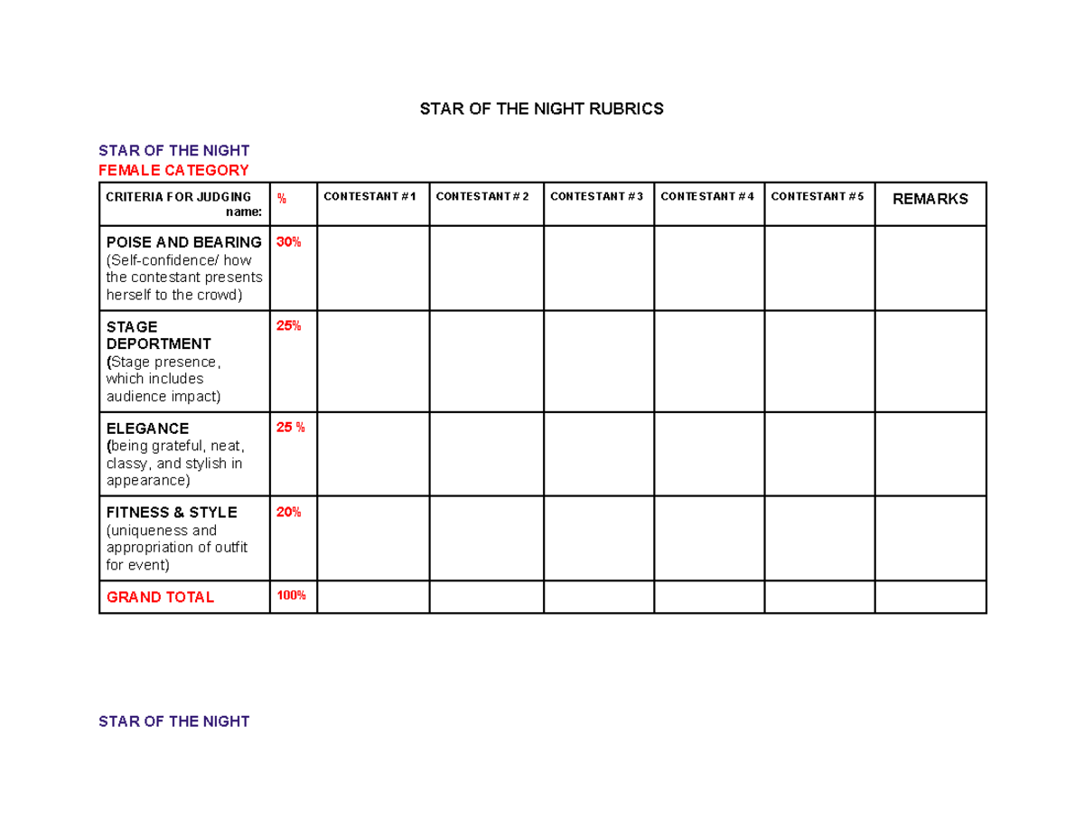 STAR OF THE Night Rubrics - STAR OF THE NIGHT RUBRICS STAR OF THE NIGHT ...