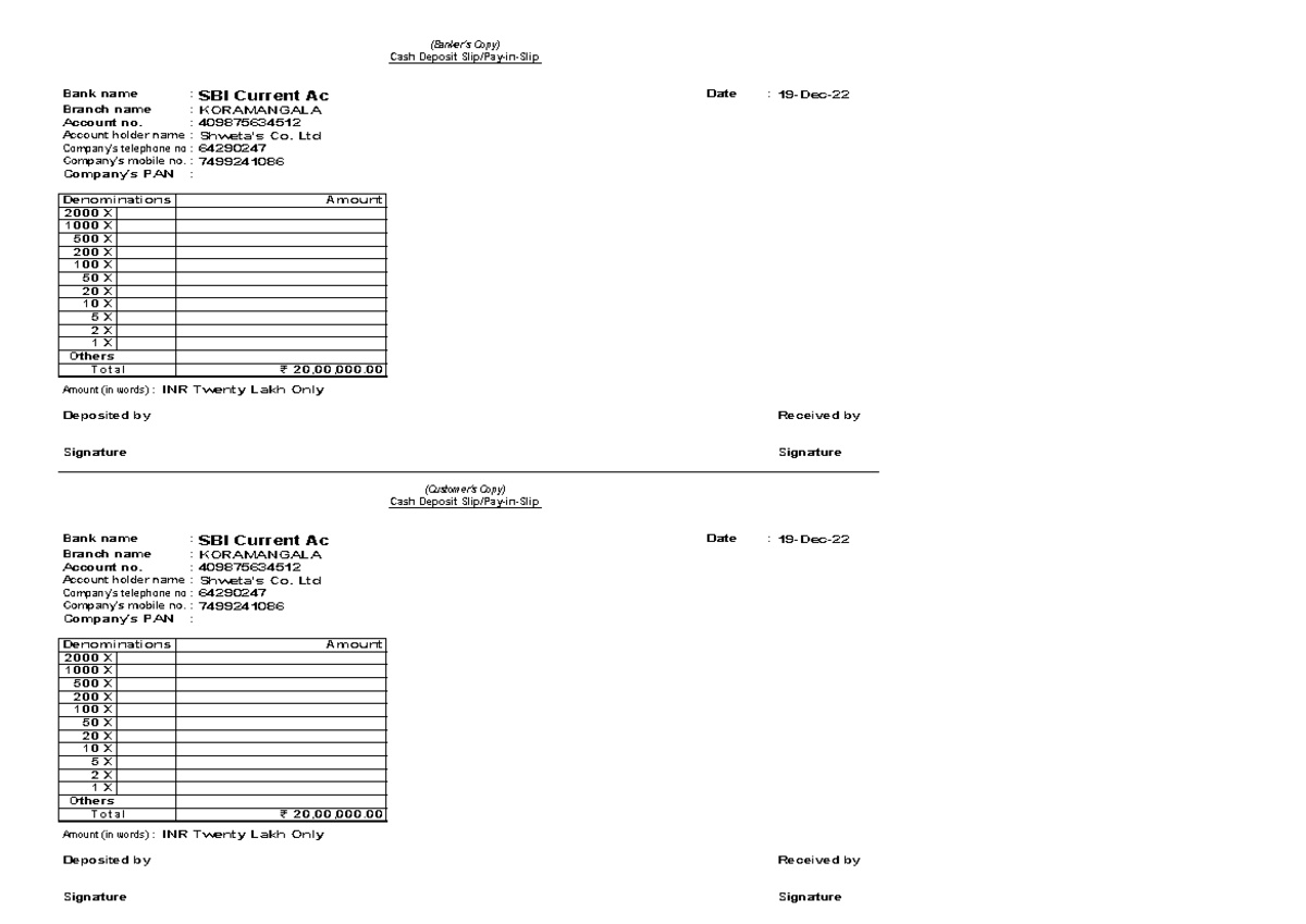 Vjh vvff (Banker's Copy) Cash Deposit Slip/PayinSlip Bank name