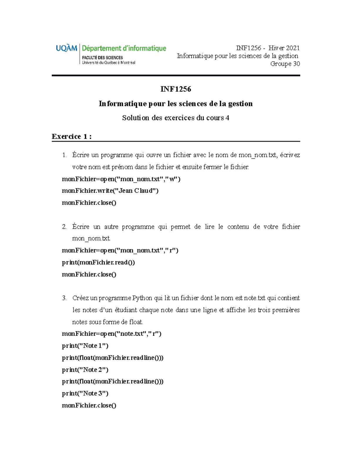 Solution Exercice Cours 4 - INF Informatique pour les sciences de la ...