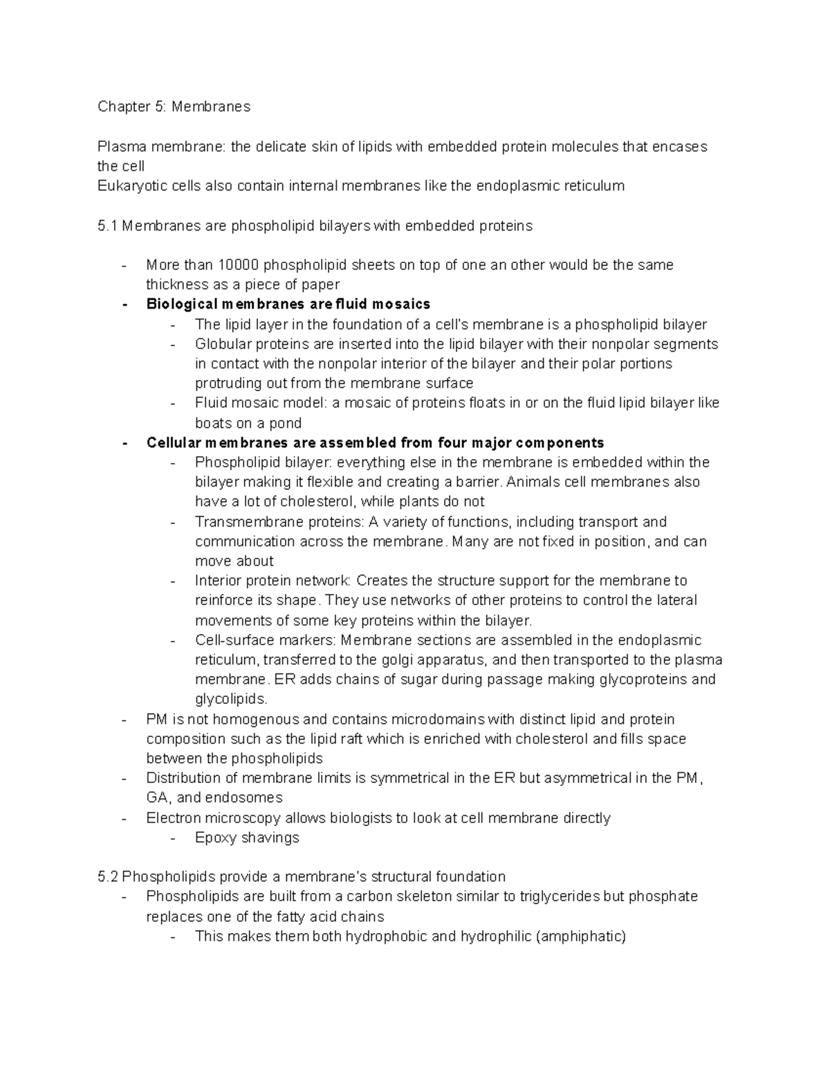 Chapter 5 Notes: Membranes - Chapter 5: Membranes Plasma membrane: the ...