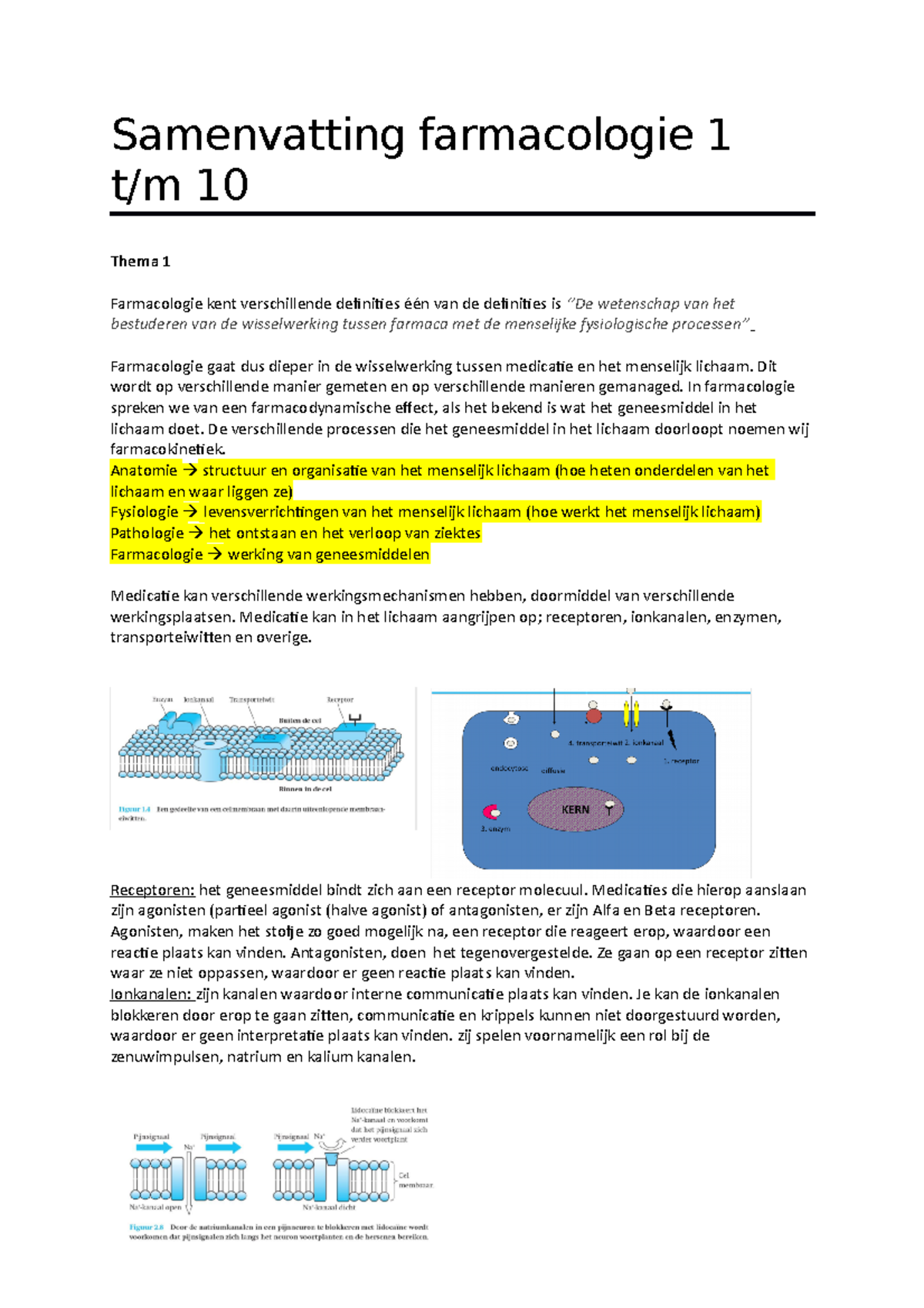 Samenvatting 1- 10 (FC) - Samenvatting Farmacologie 1 M 10 Thema 1 ...