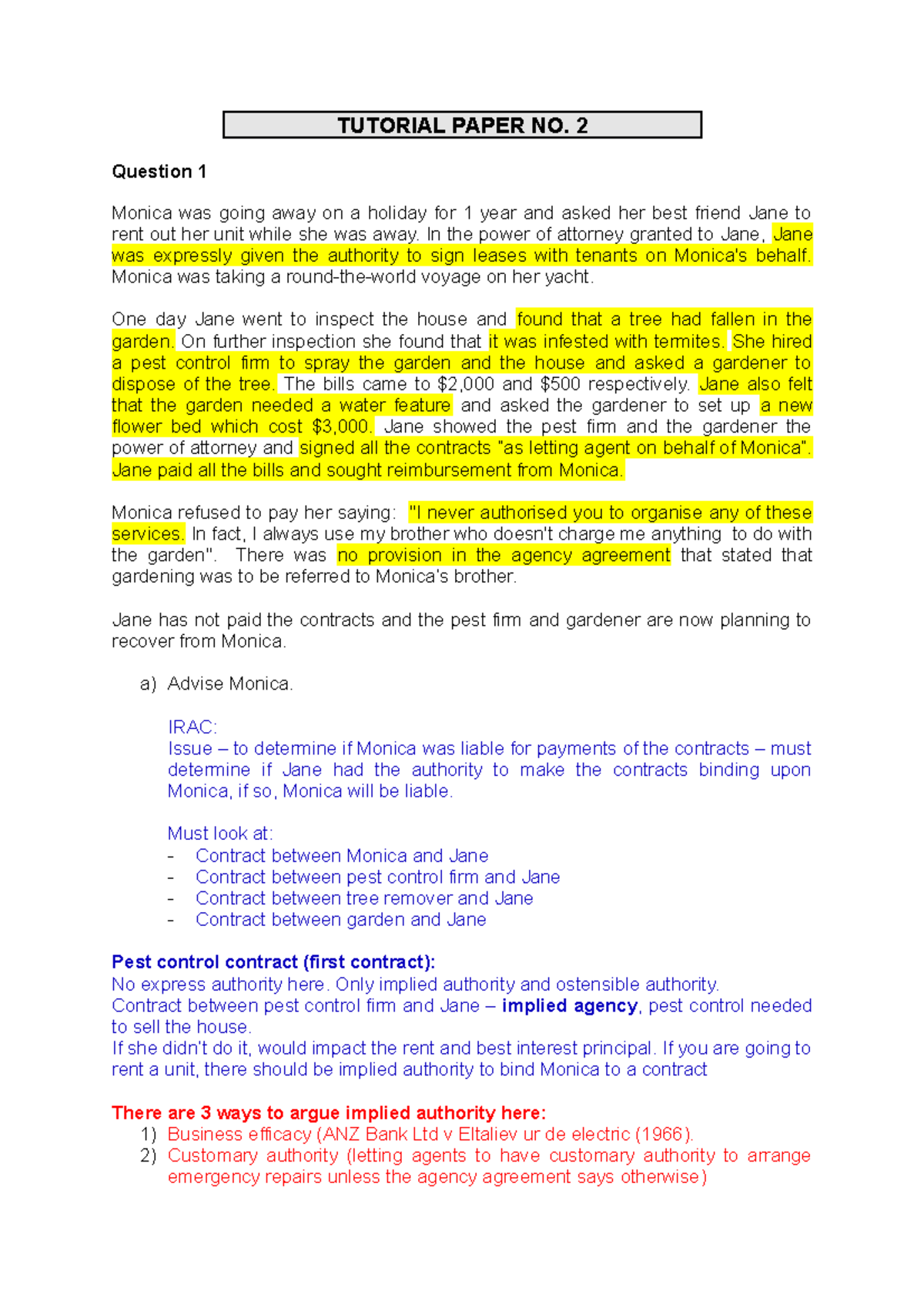 Tutorial Paper 2 - Week 2 - Agency - TUTORIAL PAPER NO. 2 Question 1 ...