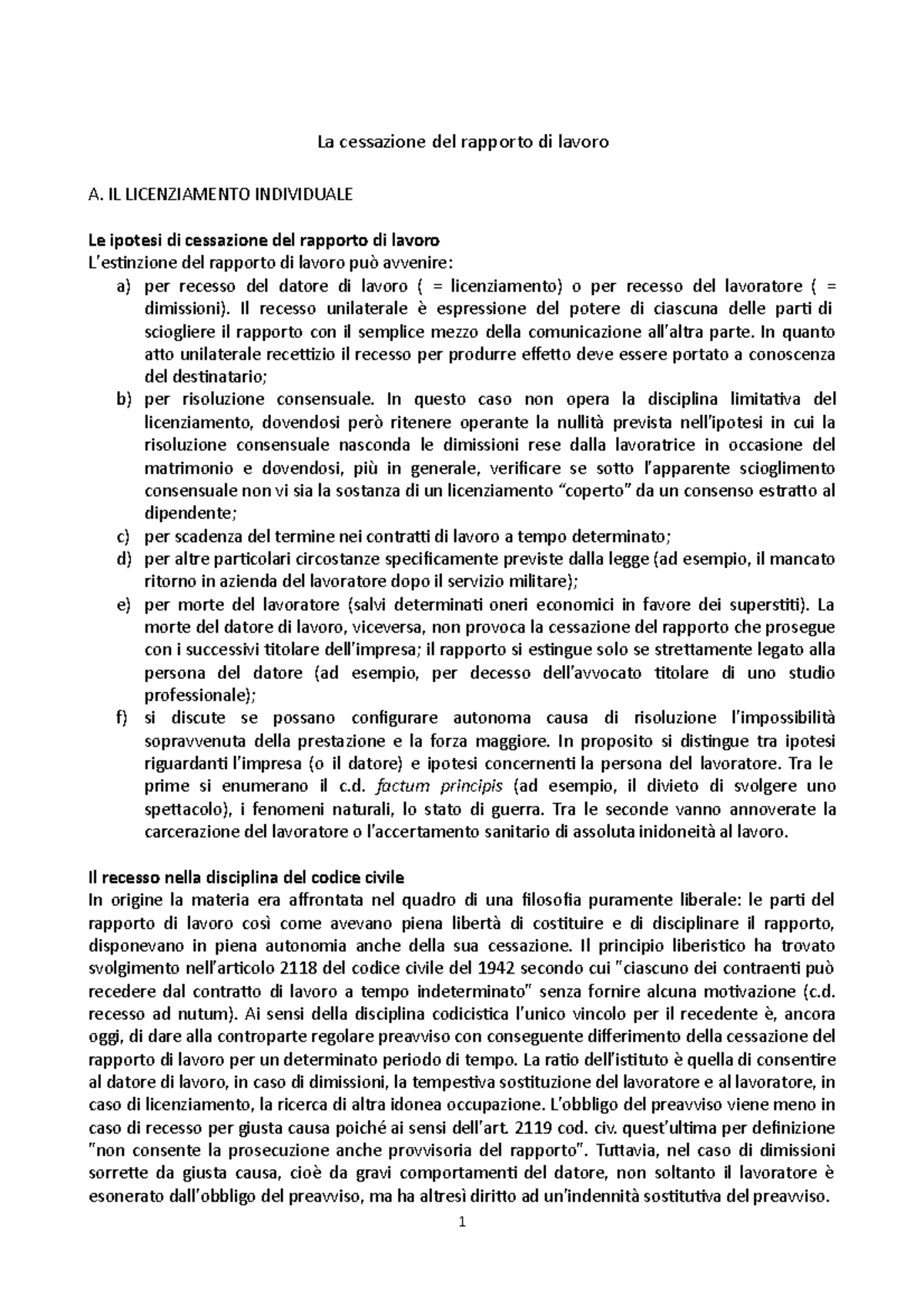 La Cessazione Del Rapporto Di Lavoro - IL LICENZIAMENTO INDIVIDUALE Le ...