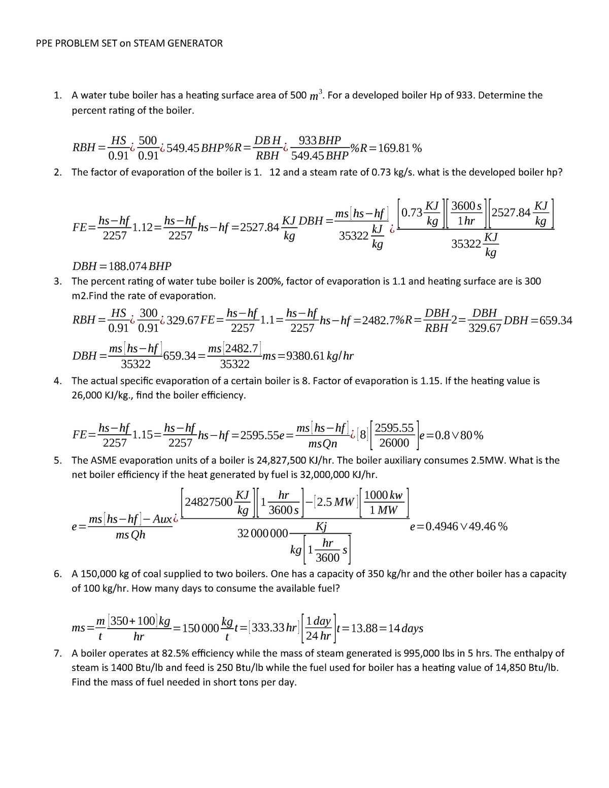 Pdfcoffee - powerplant - PPE PROBLEM SET on STEAM GENERATOR A water ...