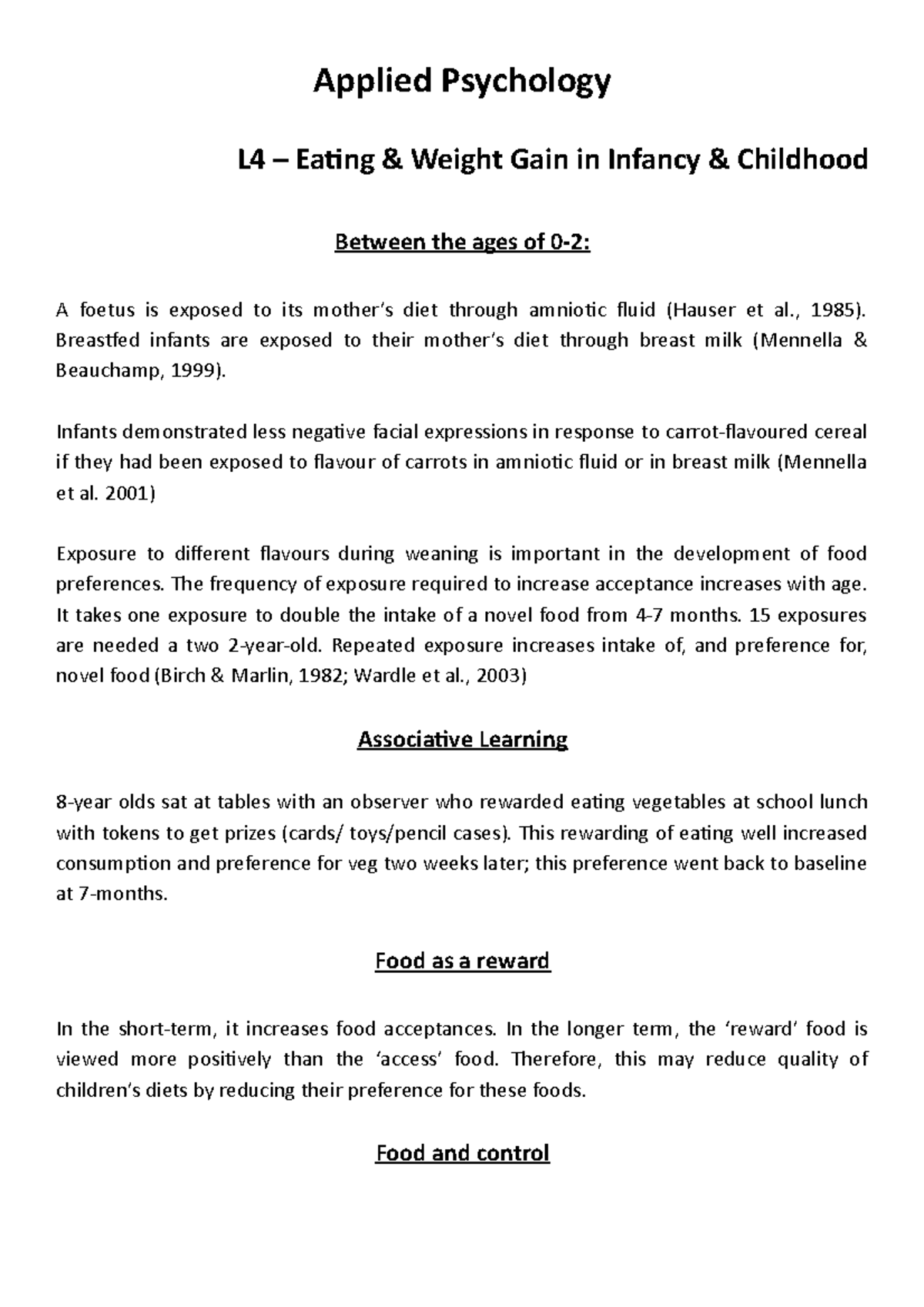 N4 Eating & Weight Gain in Infancy & Childhood Applied Psychology