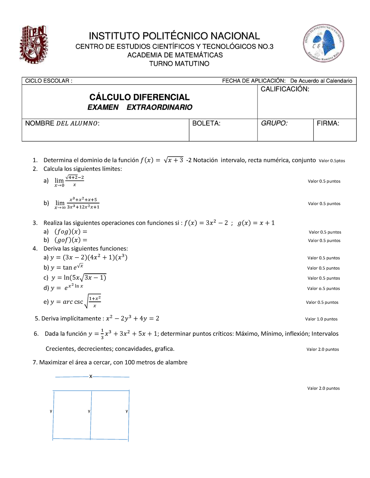 Examen Extraordinario Calculo Diferencial - INSTITUTO POLITÉCNICO ...