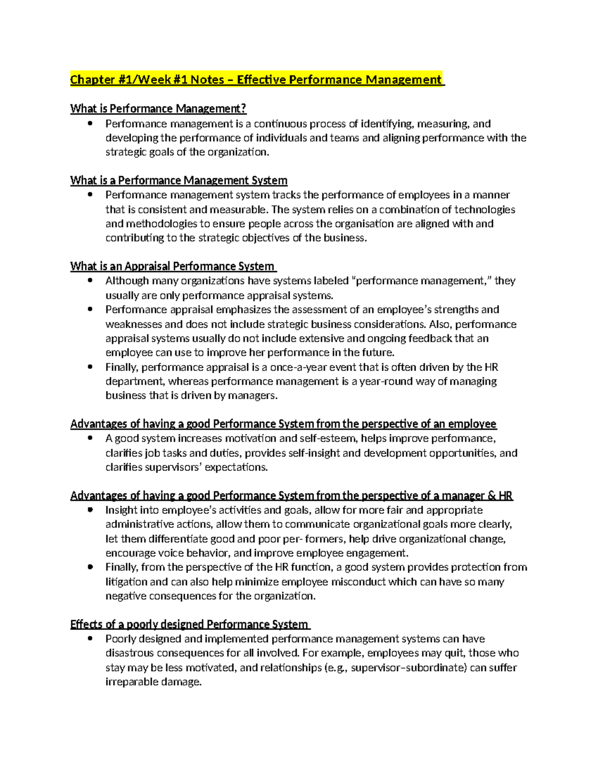 Chapter #1 Notes – Effective performance management - Chapter #1/Week ...