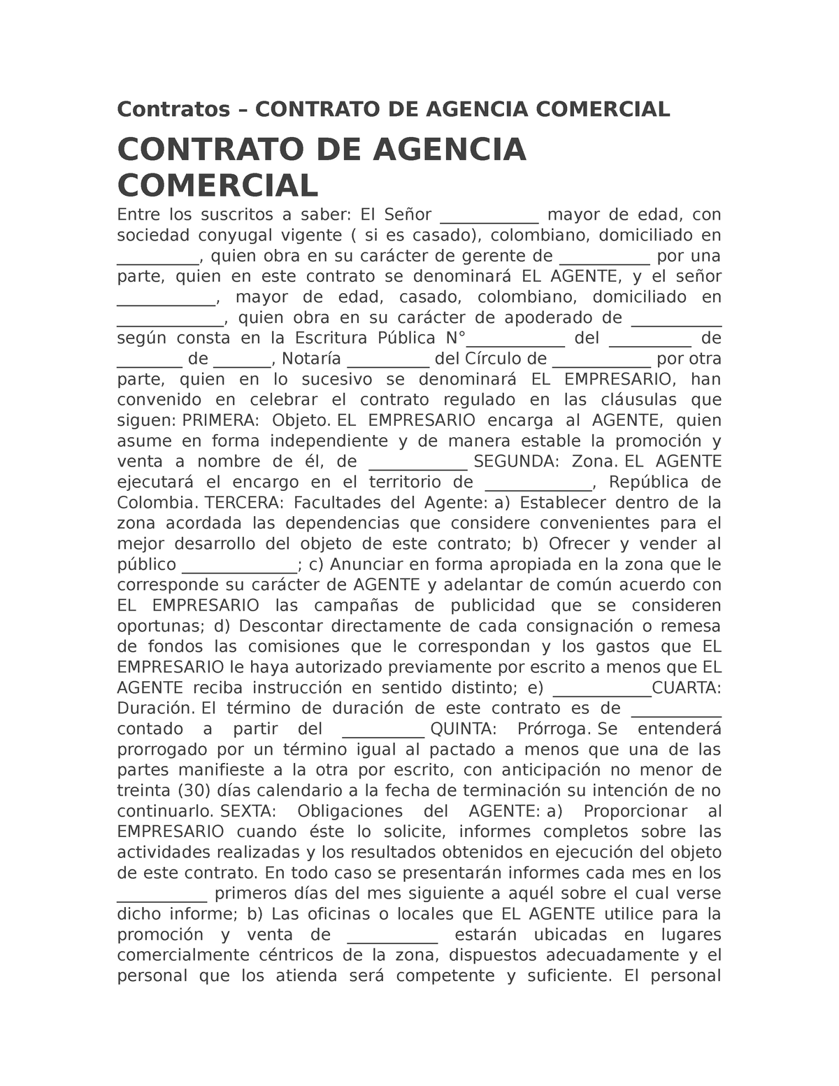 Contratos De Agencia Comercial Contratos Contrato De Agencia Comercial Contrato De Agencia 5634