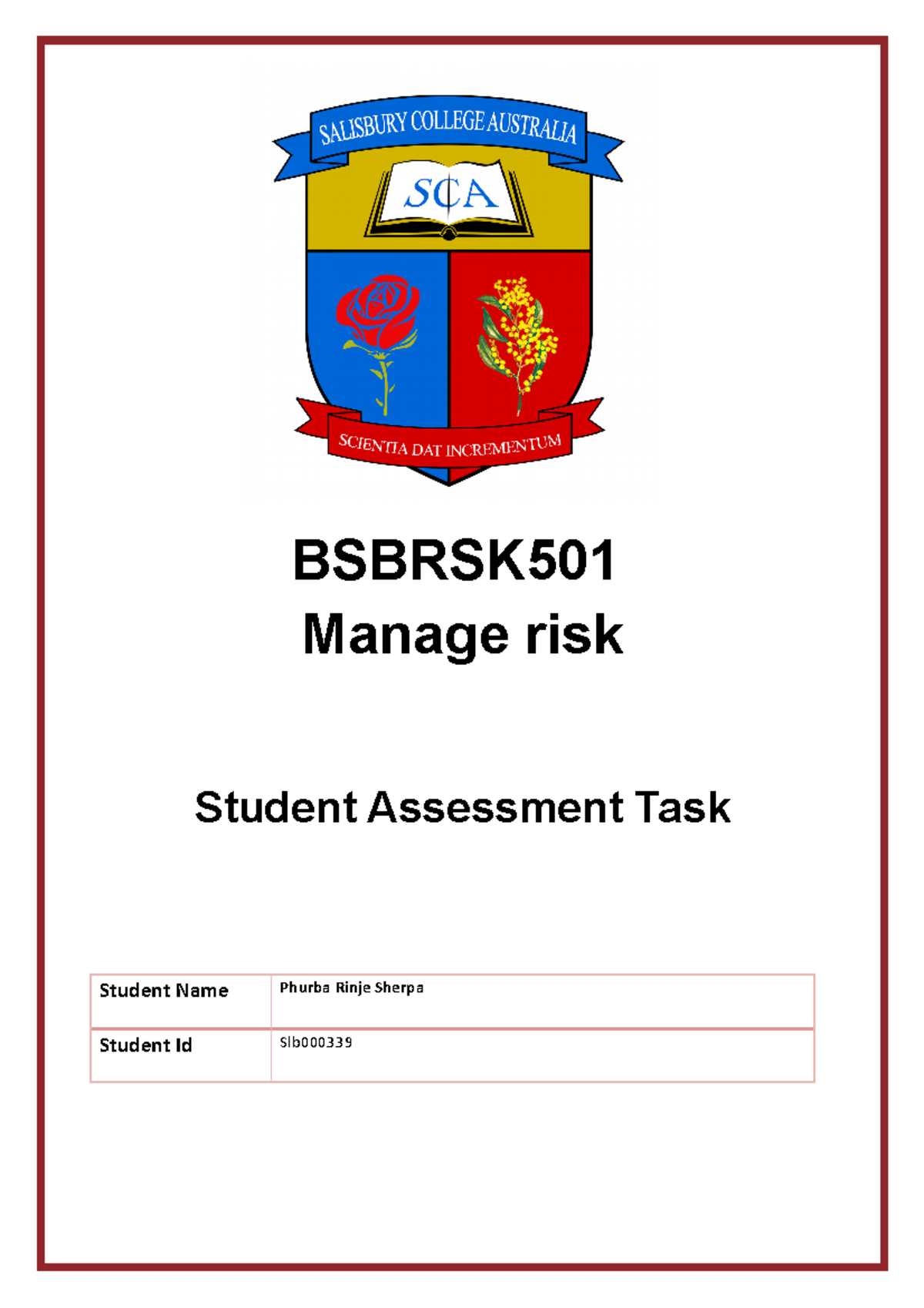 Manage Risk Diploma - ASGNMNGT - BSBRSK Manage Risk Student Assessment ...