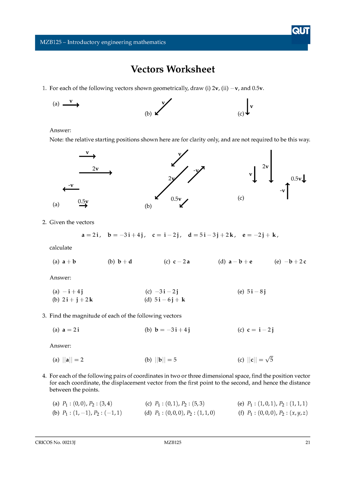 MZB125-172 Worksheet Answers - Vectors - Vectors Worksheet For Each Of ...