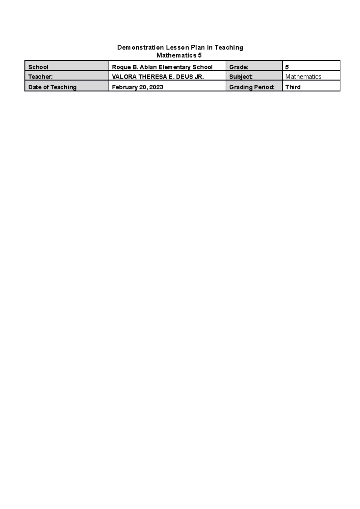 Lesson Plan for Demo Teaching Math 5 - Demonstration Lesson Plan in ...