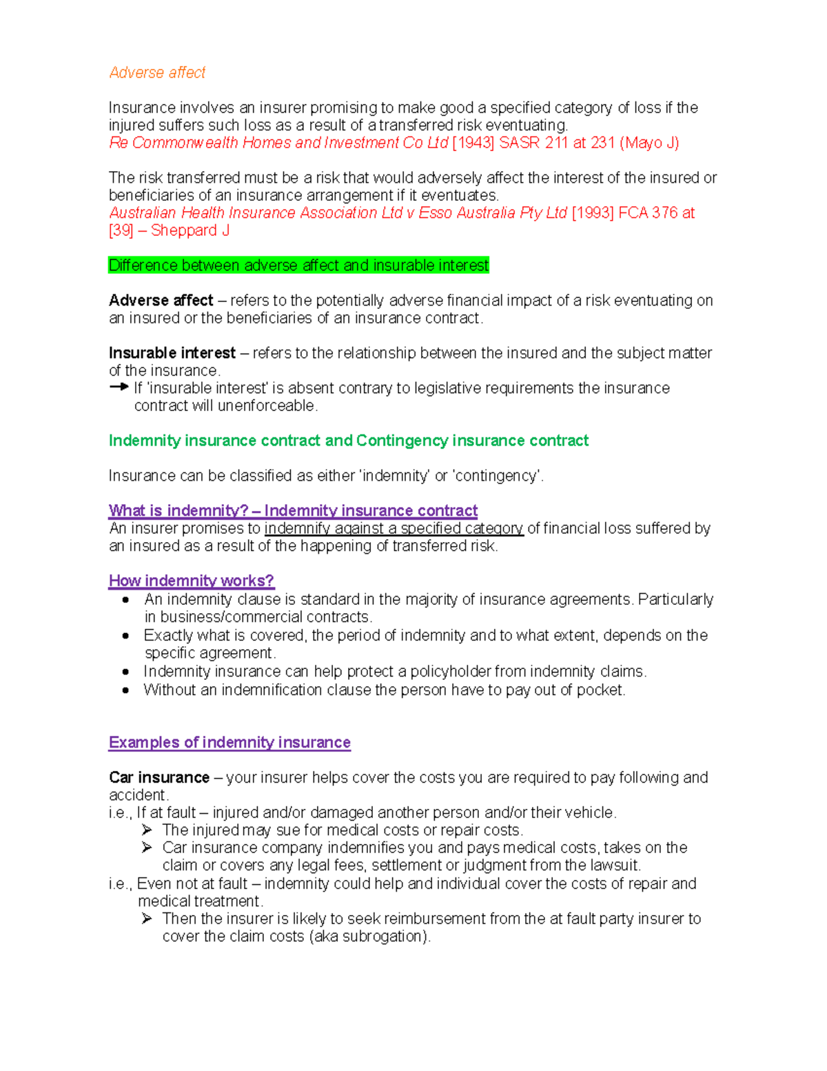 Part 4 week 1 Insurance Law reading - Adverse affect Insurance involves ...
