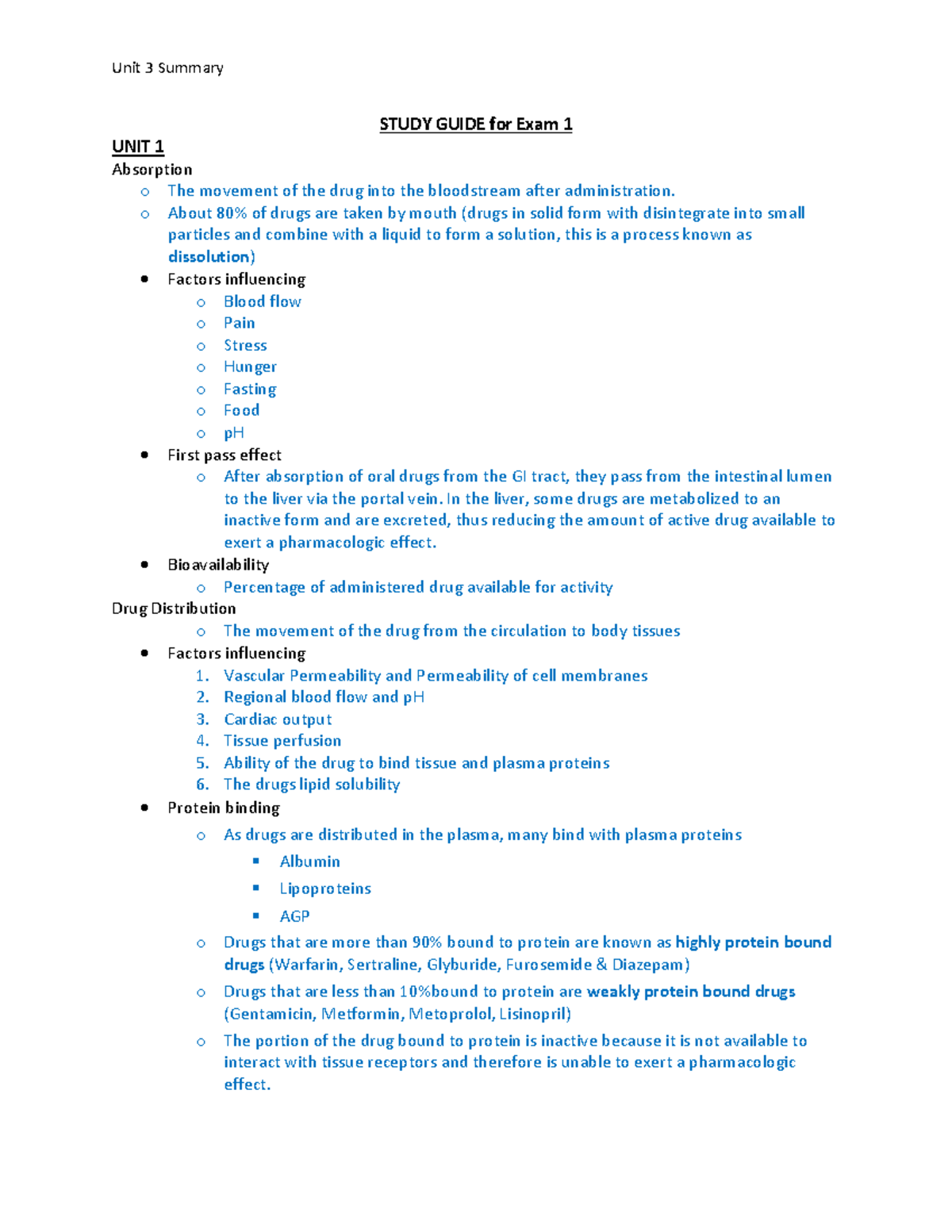 Pharm Exam 1 Study Guide - STUDY GUIDE for Exam 1 UNIT 1 Absorption o ...