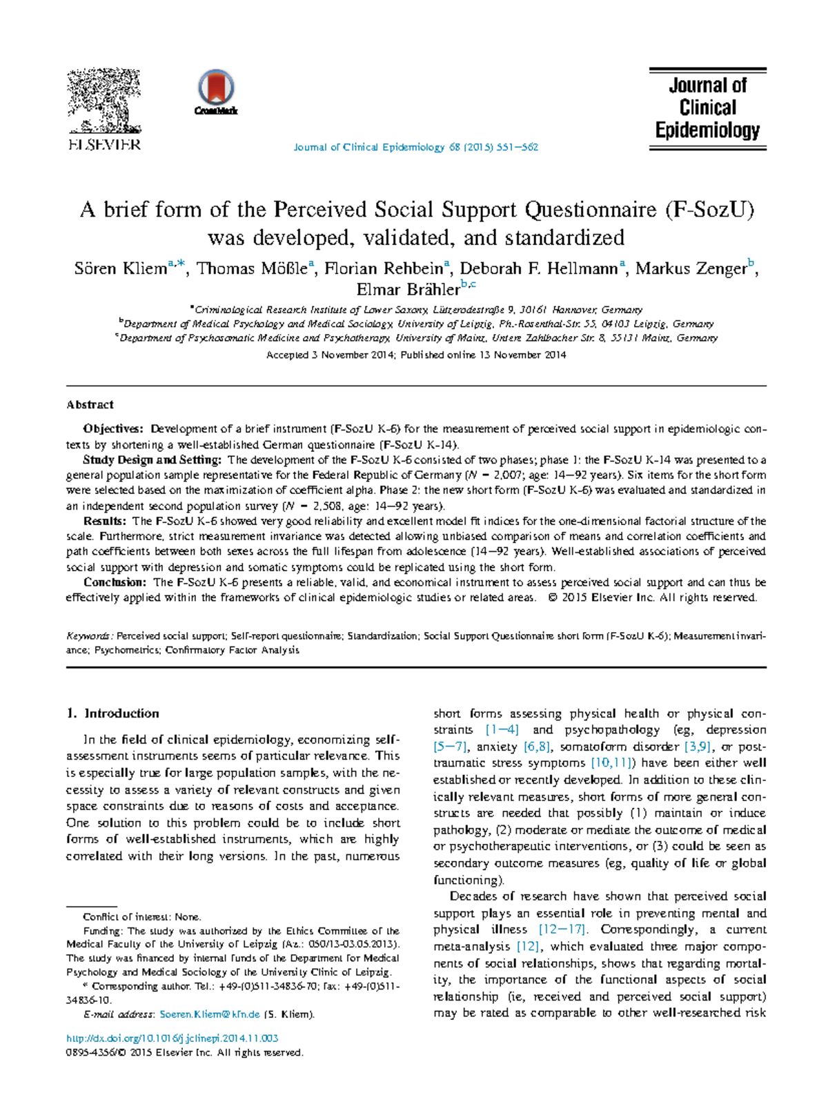 Kliem 2015 - Reading mat - A brief form of the Perceived Social Support ...