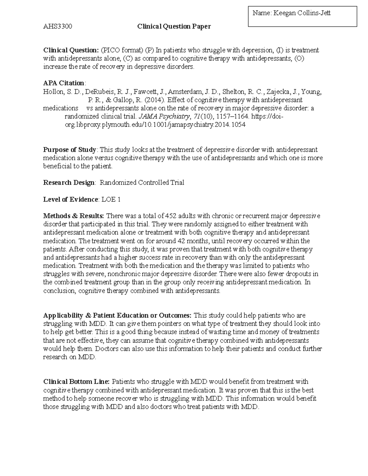 Clinical Question Paper Template5 AHS3300 Clinical Question Paper Clinical Question (PICO