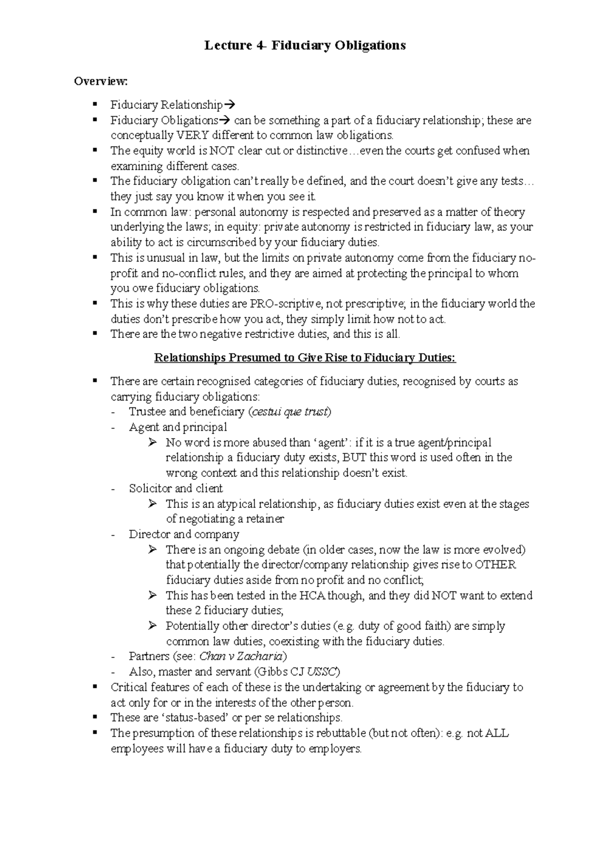 Lecture 4- Fiduciary Obligations - Overview: Fiduciary Relationship