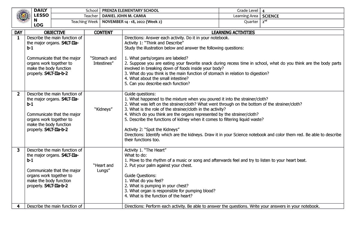 DLL Quarter 2 Week 2 Science - DAILY LESSO N LOG School PRENZA ...