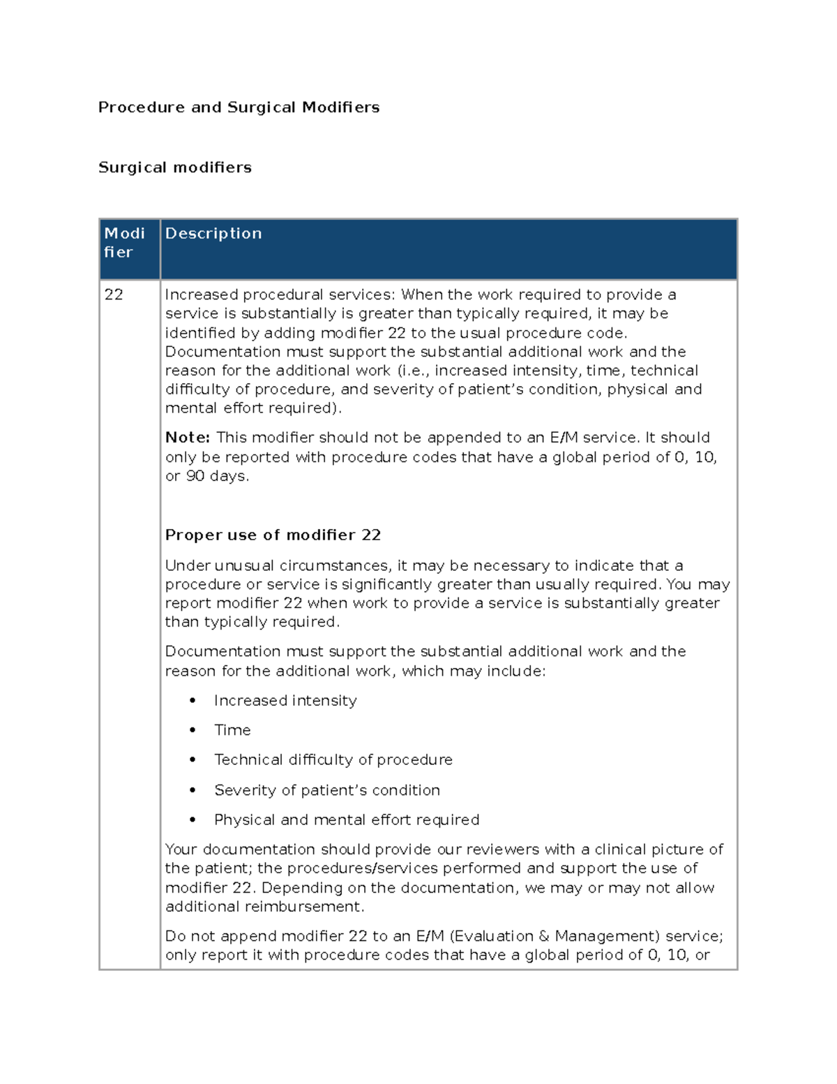 Procedure and Surgical Modifiers. - Procedure and Surgical Modifiers ...
