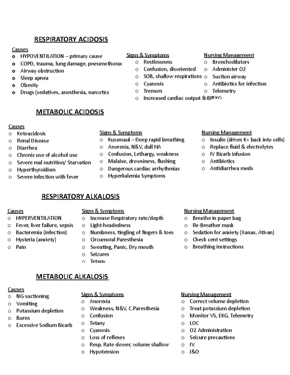 Acid-Base Study guide - RESPIRATORY ACIDOSIS Causes o HYPOVENTILATION ...