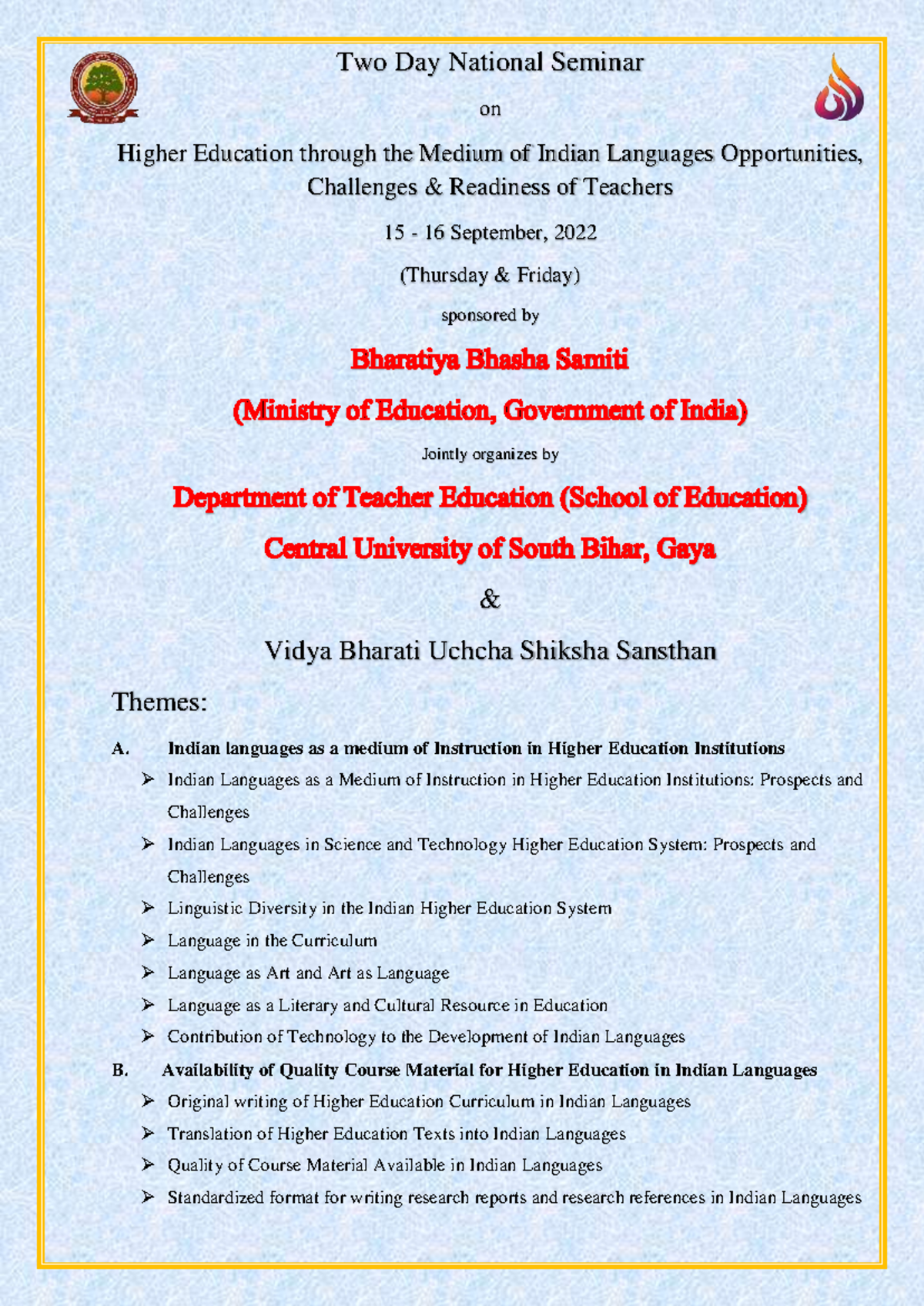 National Seminar CUSB BBS Vbuss - Two Day National Seminar on Higher ...