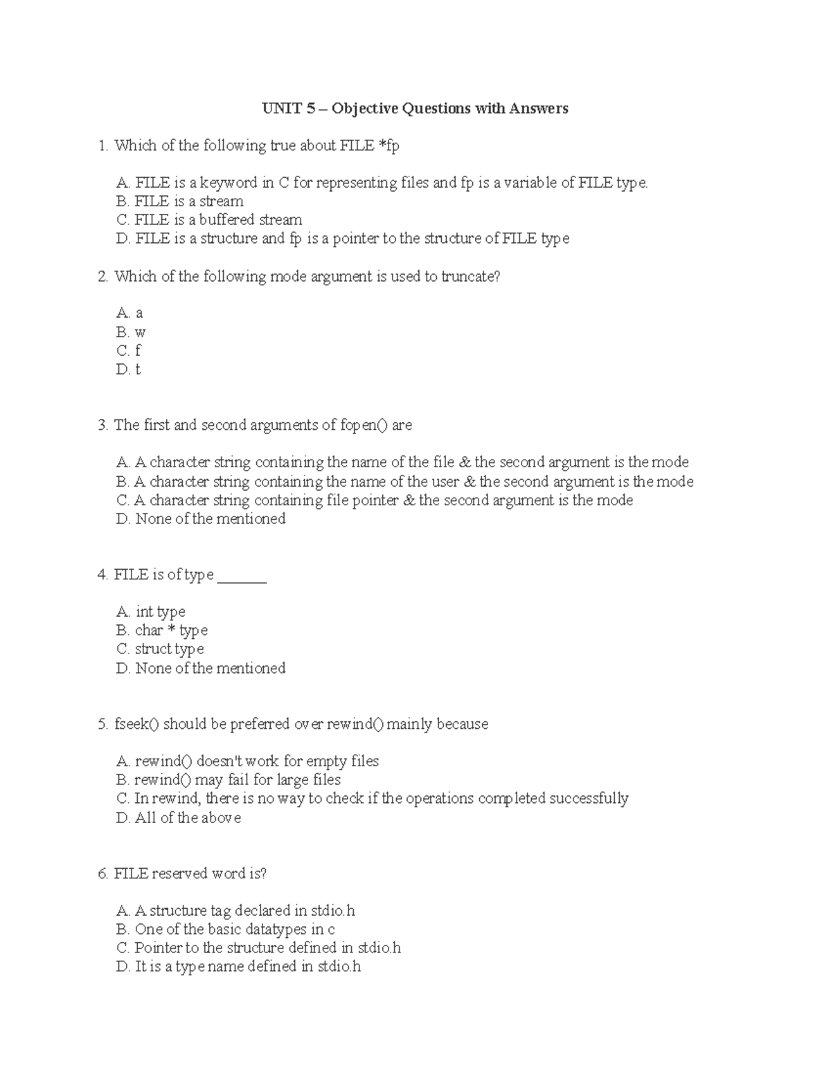PPS Unit 5 objective questions UNIT 5 Objective Questions with