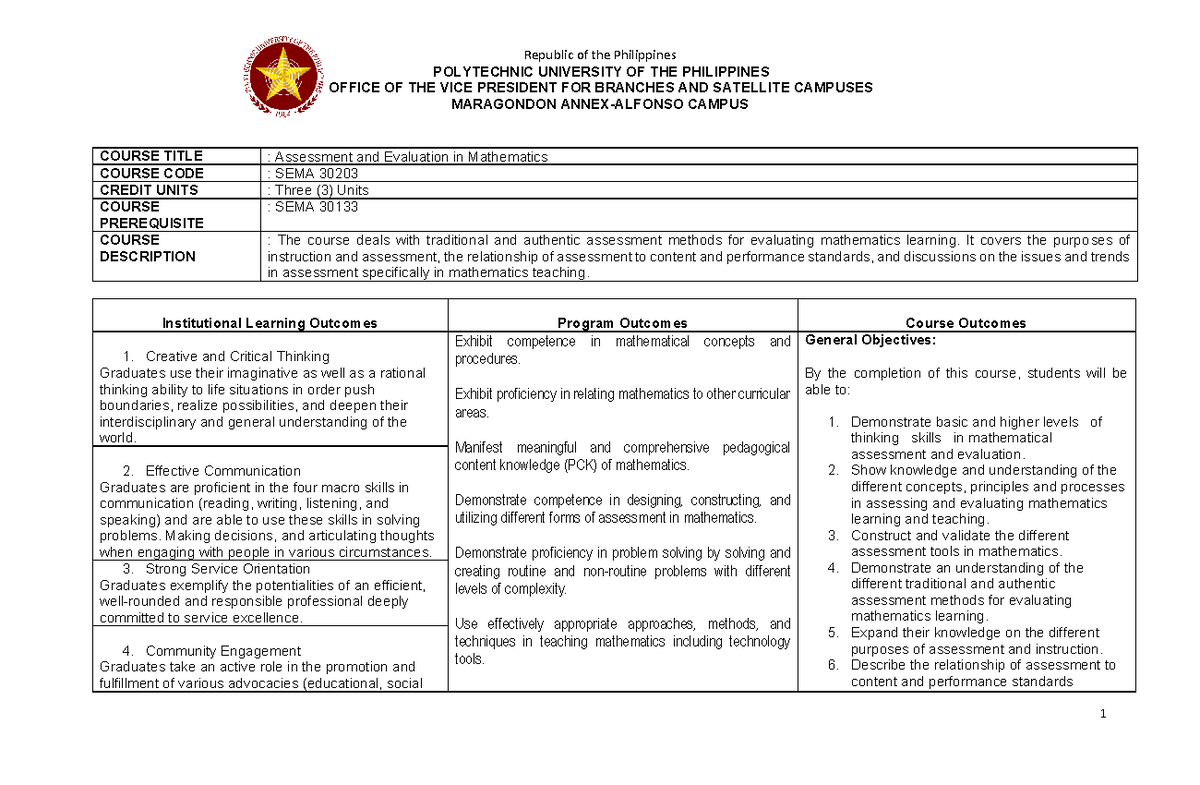 SEMA 30203 Assessment AND Evaluation IN MATH - Republic of the ...