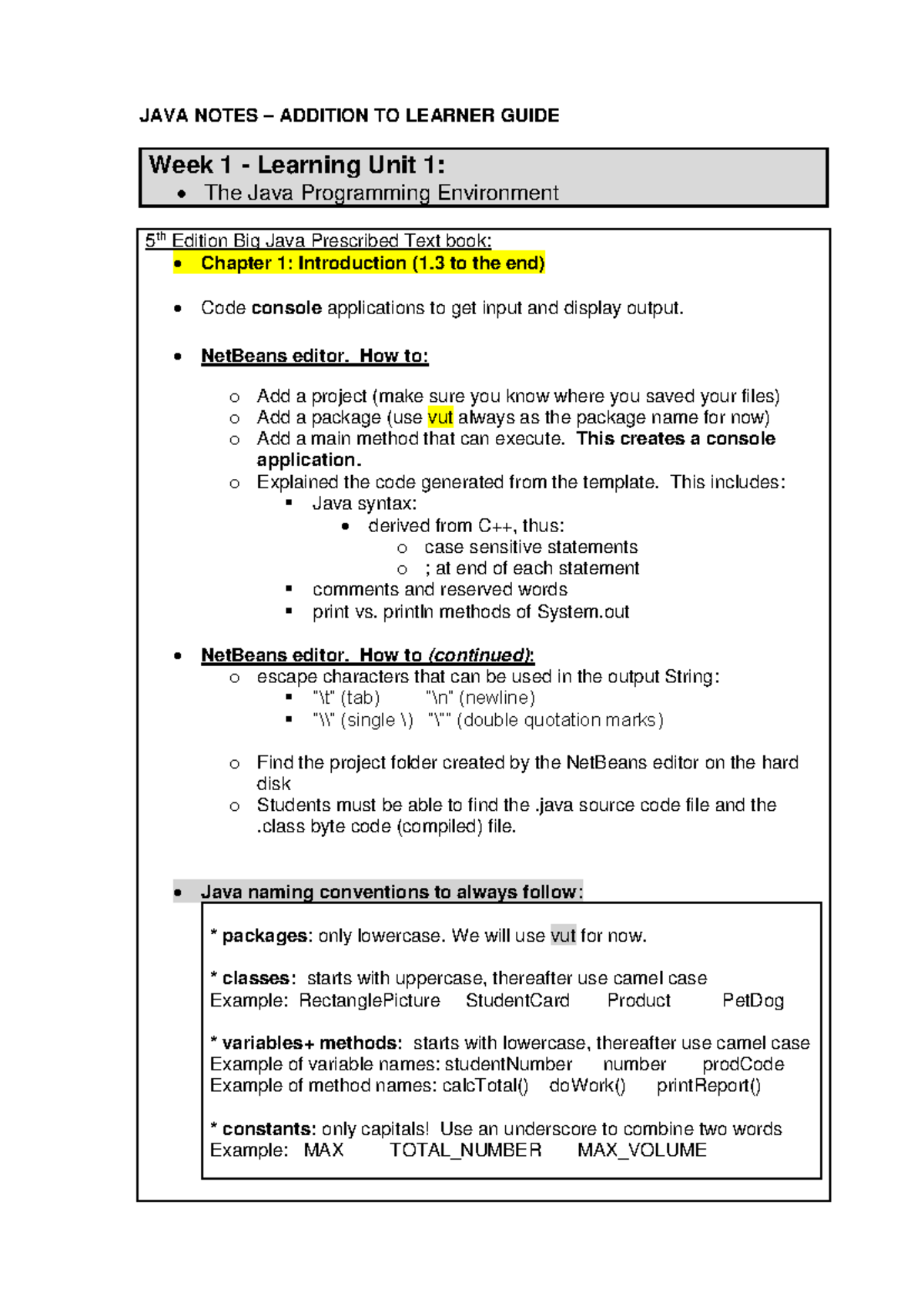 JAVA Notes - Addition TO Learner Guide - JAVA NOTES – ADDITION TO ...