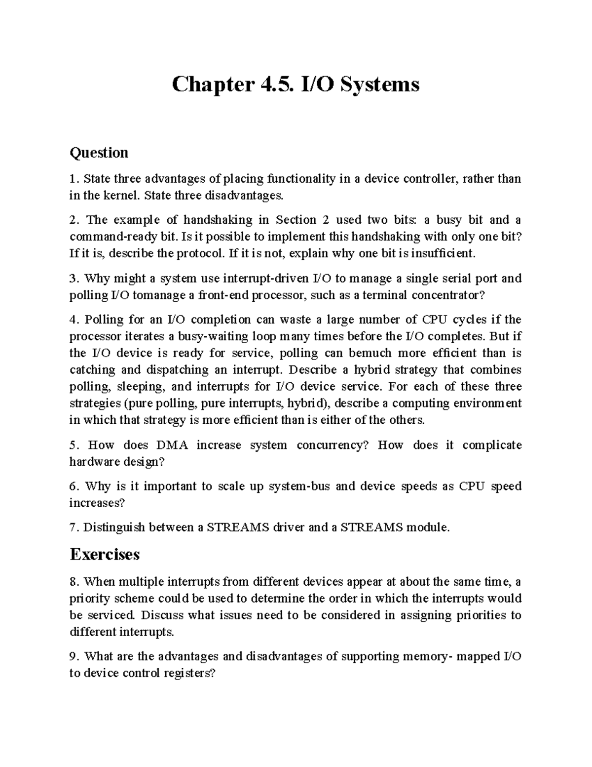 Chapter 4.5-IO Systems Qst - Chapter 4. I/O Systems Question 1. State ...