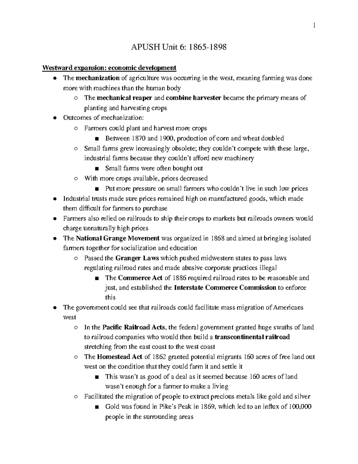 Apush Unit 6 18651898 Lecture notes that cover United States history