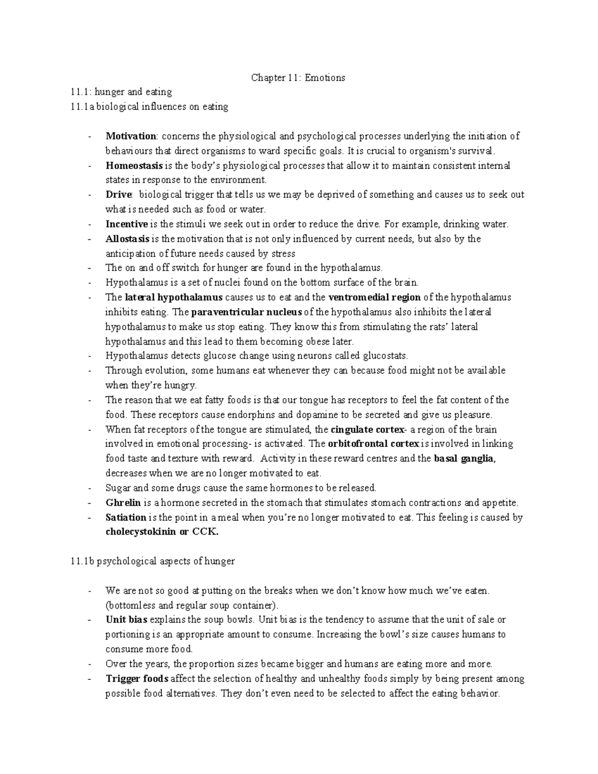 PSYA02 chapter 11 tb notes - Chapter 11: Emotions 11: hunger and eating ...