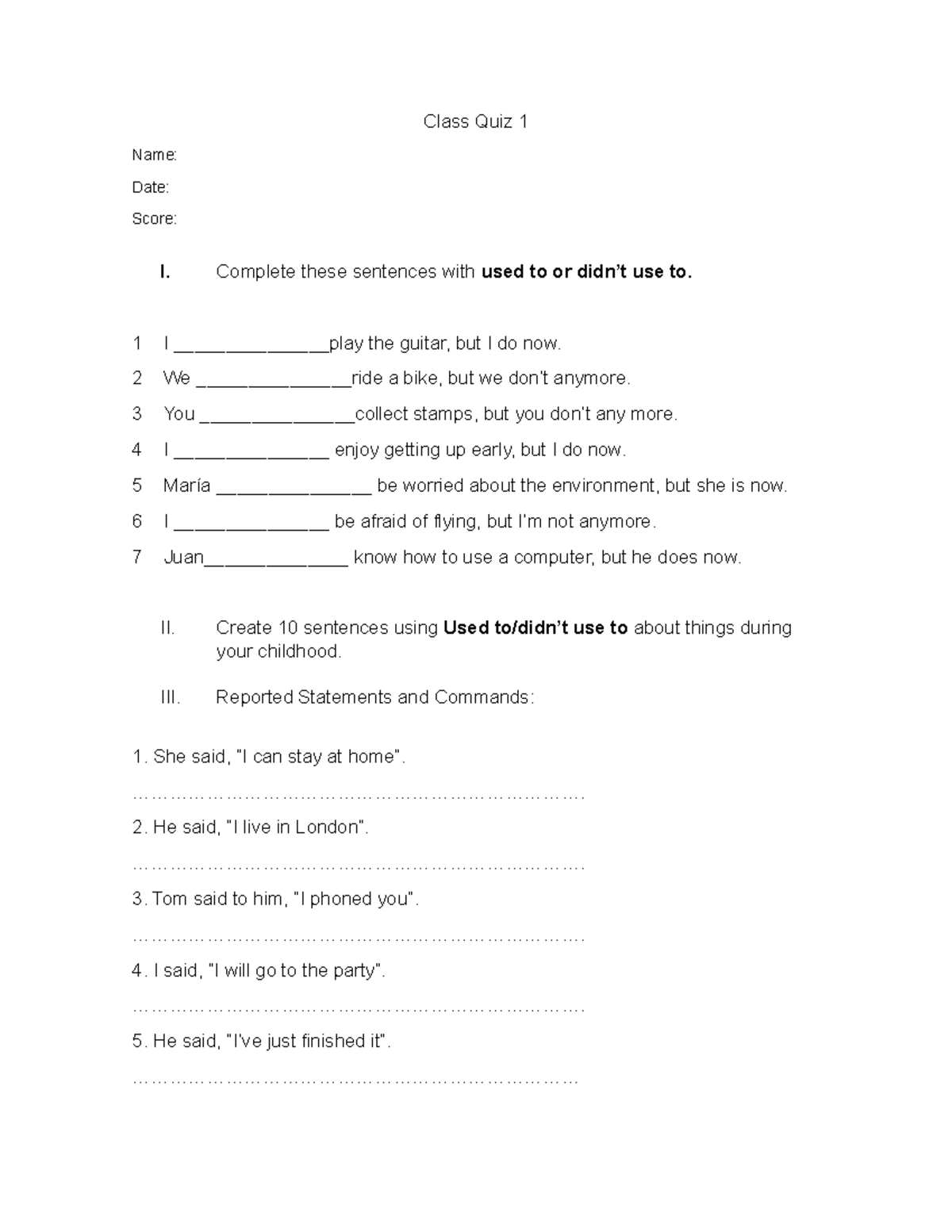 Class Quiz No N N N Class Quiz 1 Name Date Score I Complete
