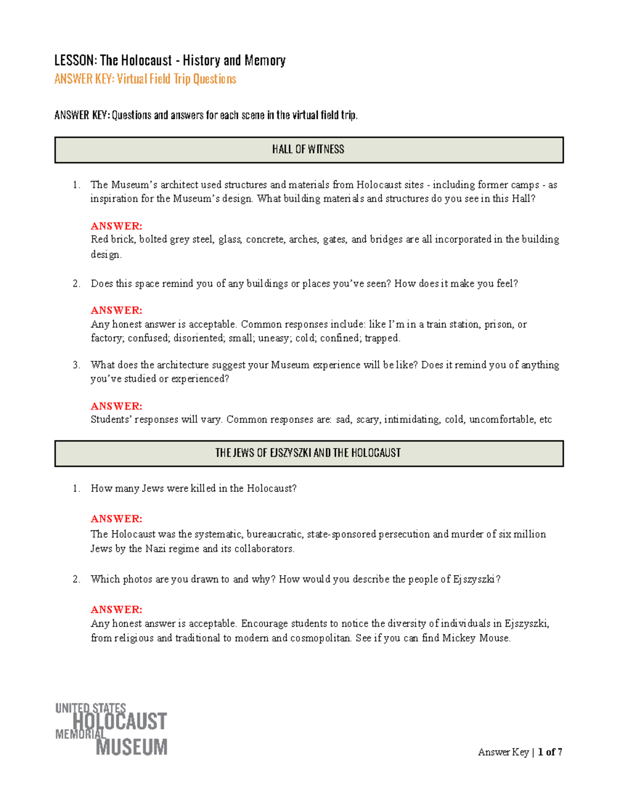 Ushmm Holocaust History Memory Worksheet Answers - ANSWER KEY: Virtual  Field Trip Questions ANSWER - Studocu