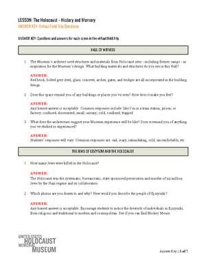 Ushmm Holocaust History Memory Worksheet Answers - ANSWER KEY: Virtual  Field Trip Questions ANSWER - Studocu