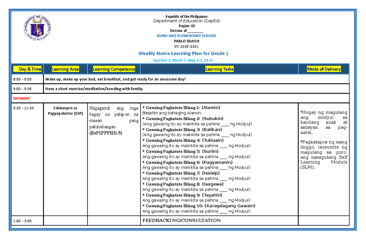 Grade 1 ALL Subjects WHLP Q3 W7 - Weekly Home Learning Plan for Grade 1 ...