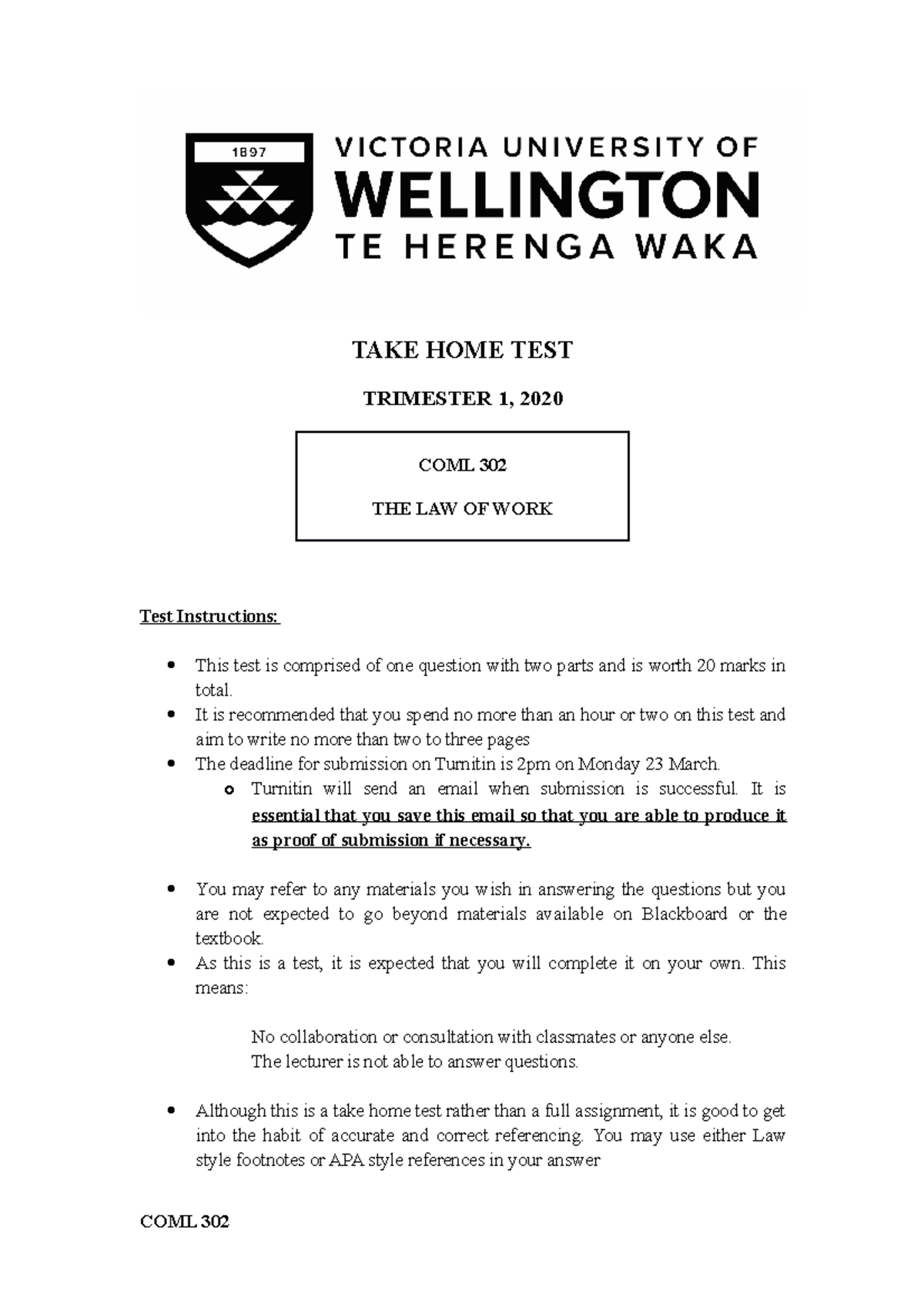 Coml 302 test (Blackboard ready - TAKE HOME TEST TRIMESTER 1, 2020 COML ...