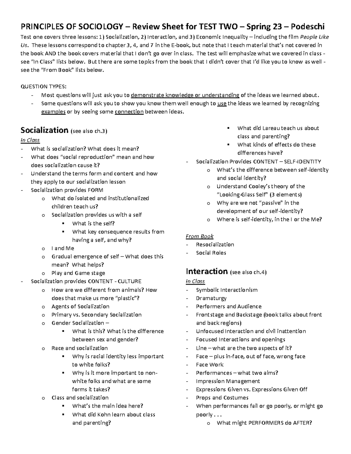 SOC 211 Review Sheet - Test Two - PRINCIPLES OF SOCIOLOGY – Review ...