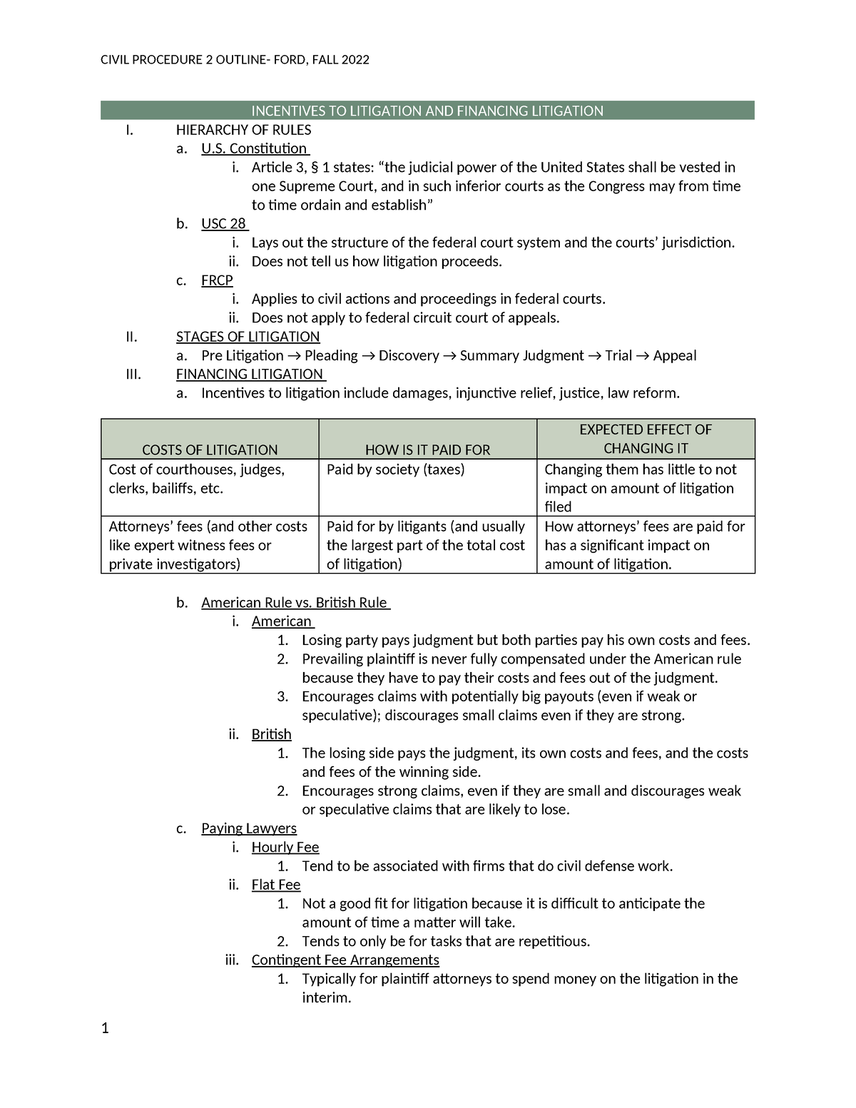 Civil Procedure 2 Outline - INCENTIVES TO LITIGATION AND FINANCING ...