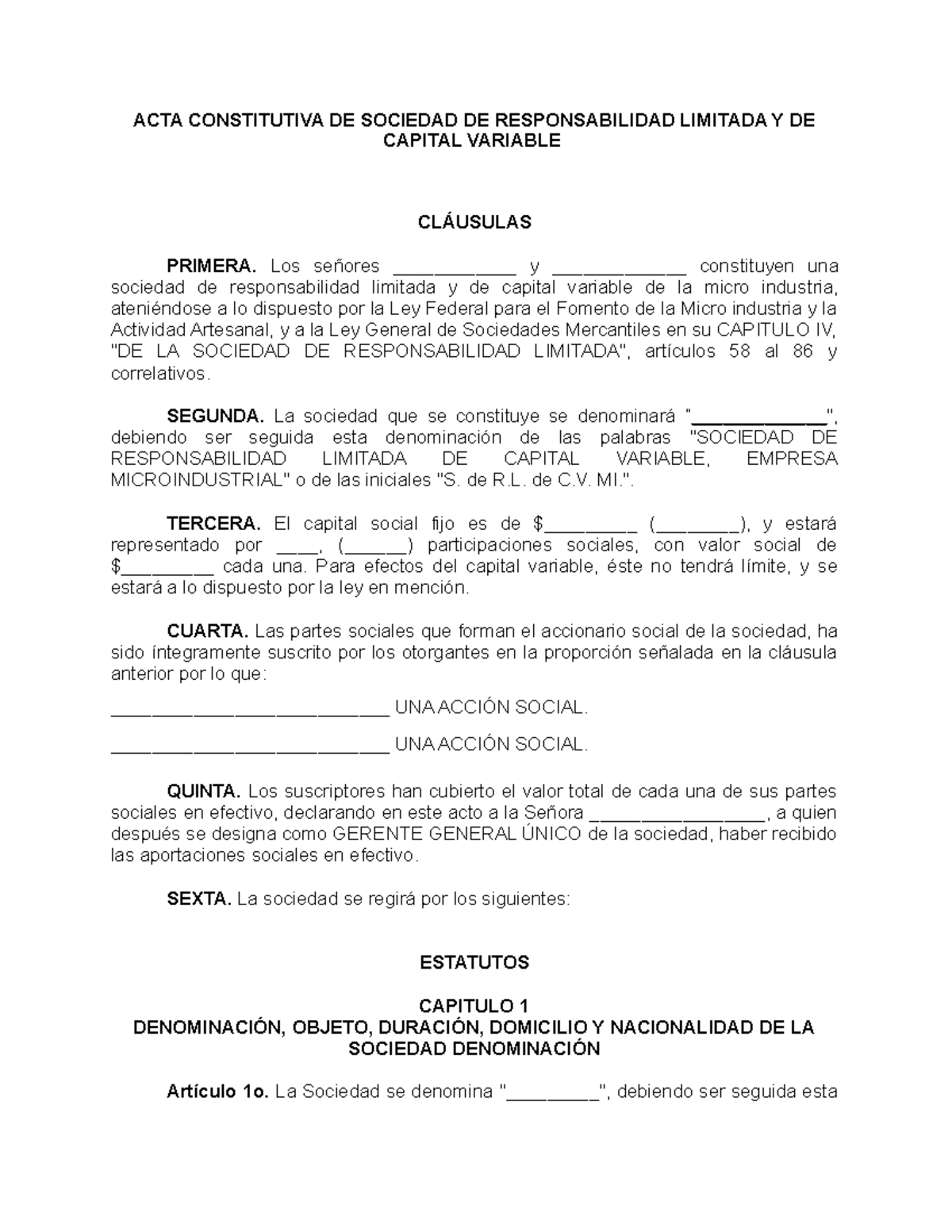 ACTA Constitutiva DE Sociedad DE Responsabilidad Limitada Y DE Capital Variable ACTA