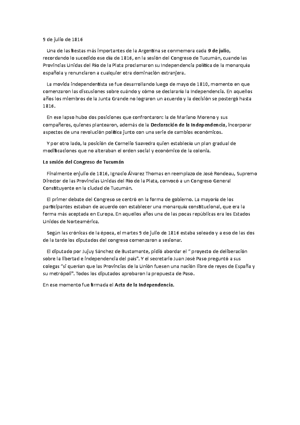 9 de julio de 1816 Declaracion de la independencia - Psicologia - Studocu