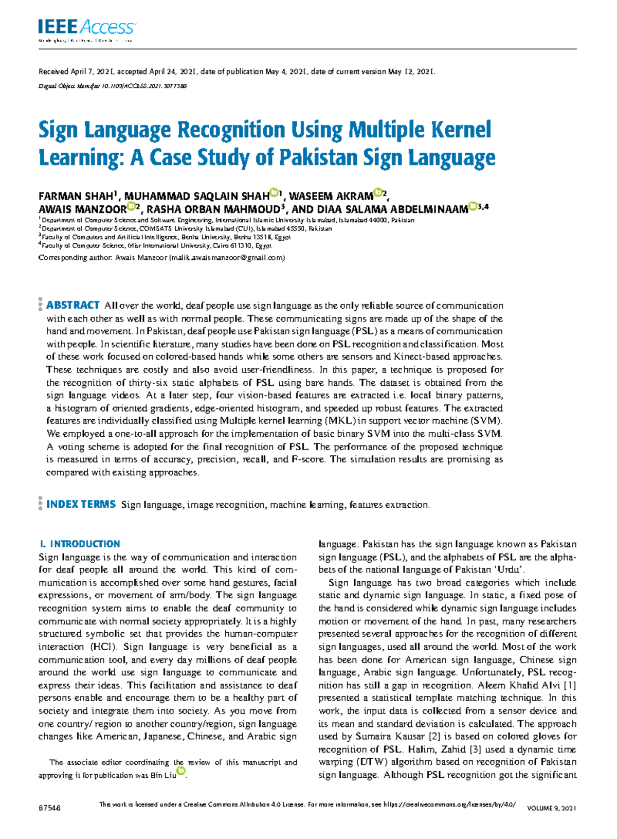 Sign Language Recognition Using Multiple Kernel Learning A Case Study ...