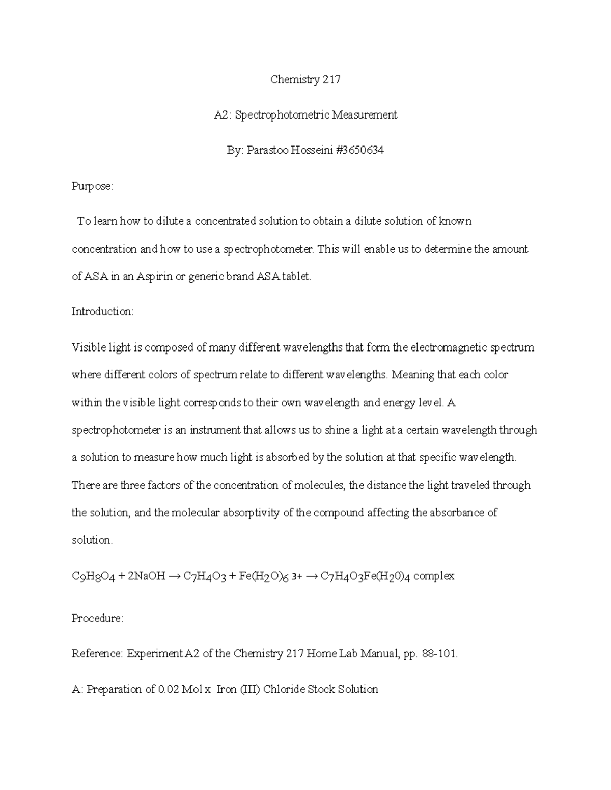 A2 lab report - I got 100% - Chemistry 217 A2: Spectrophotometric ...