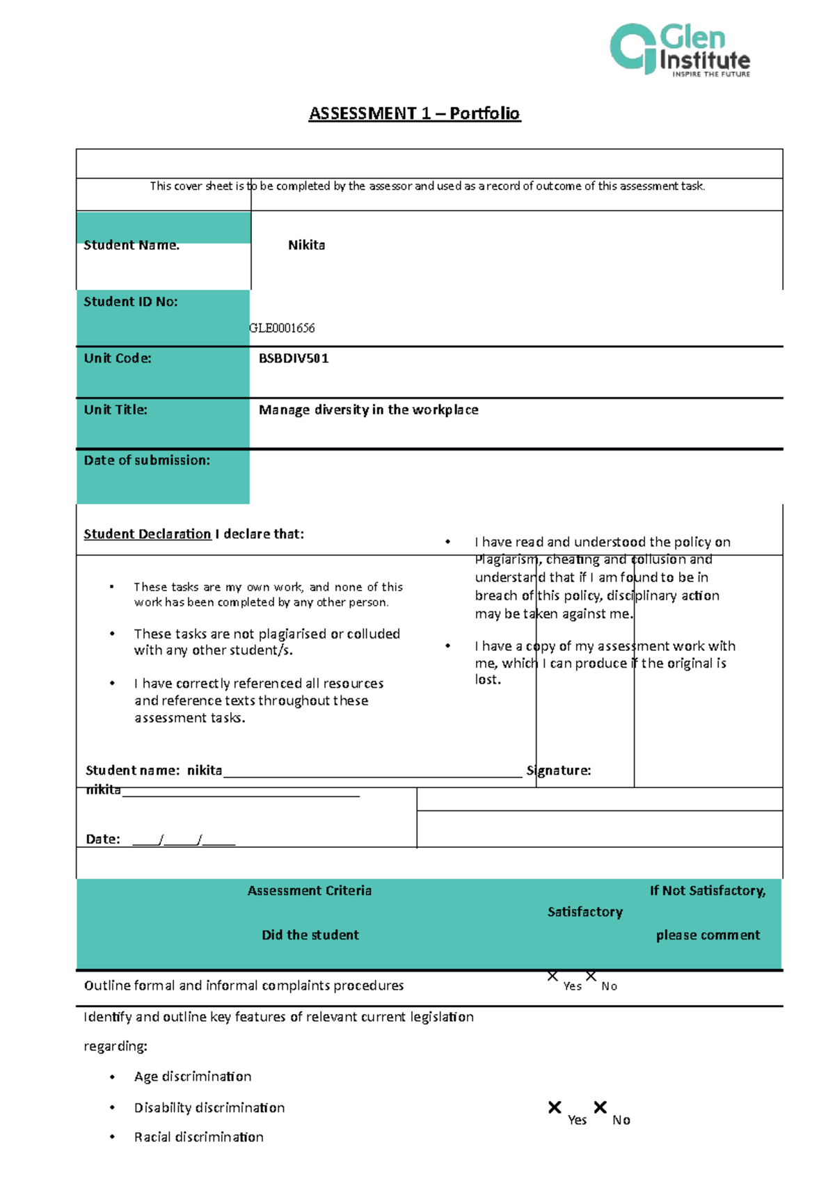 RISK Assessment Template ASSESSMENT 1 Portfolio This cover sheet is