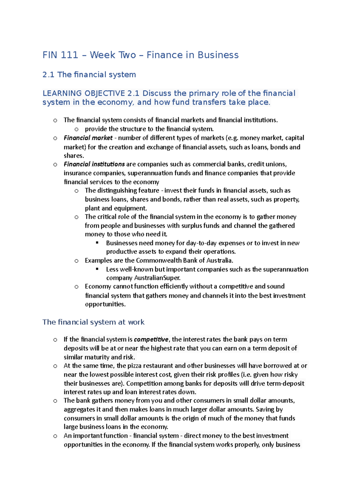 Introductory Principles of Finance - Week 2 - FIN 111 – Week Two ...