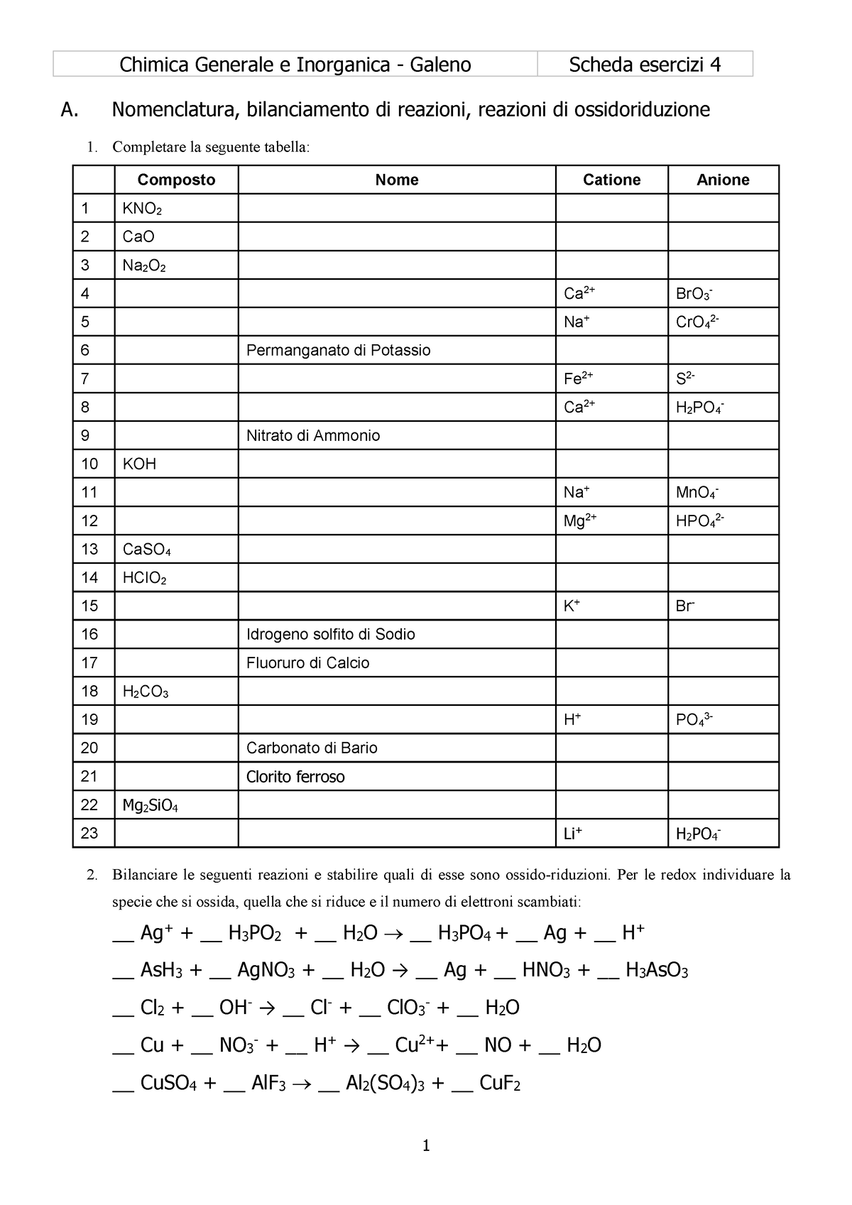 Scheda 4 Esercizi Di Chimica Generale E Inorganica - A. Nomenclatura ...