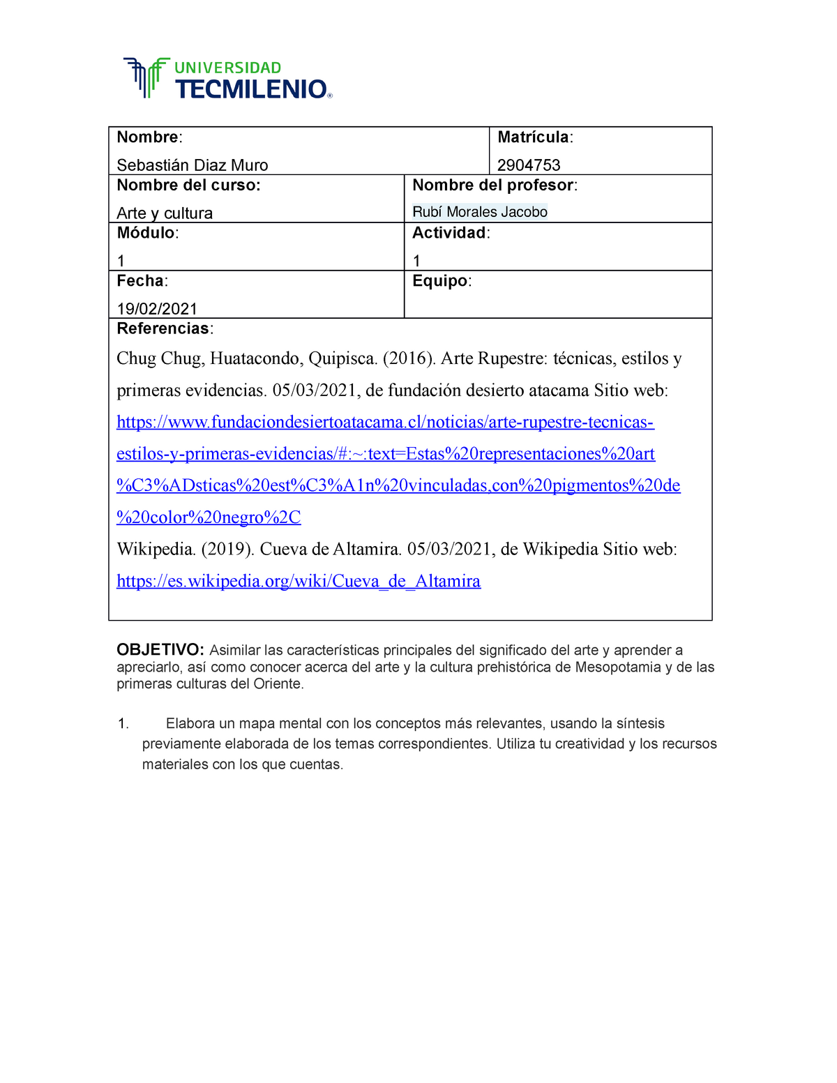 Actividad 1 de artes - saco 100 - Nombre : Sebastián Diaz Muro Matrícula :  2904753 Nombre del curso: - Studocu