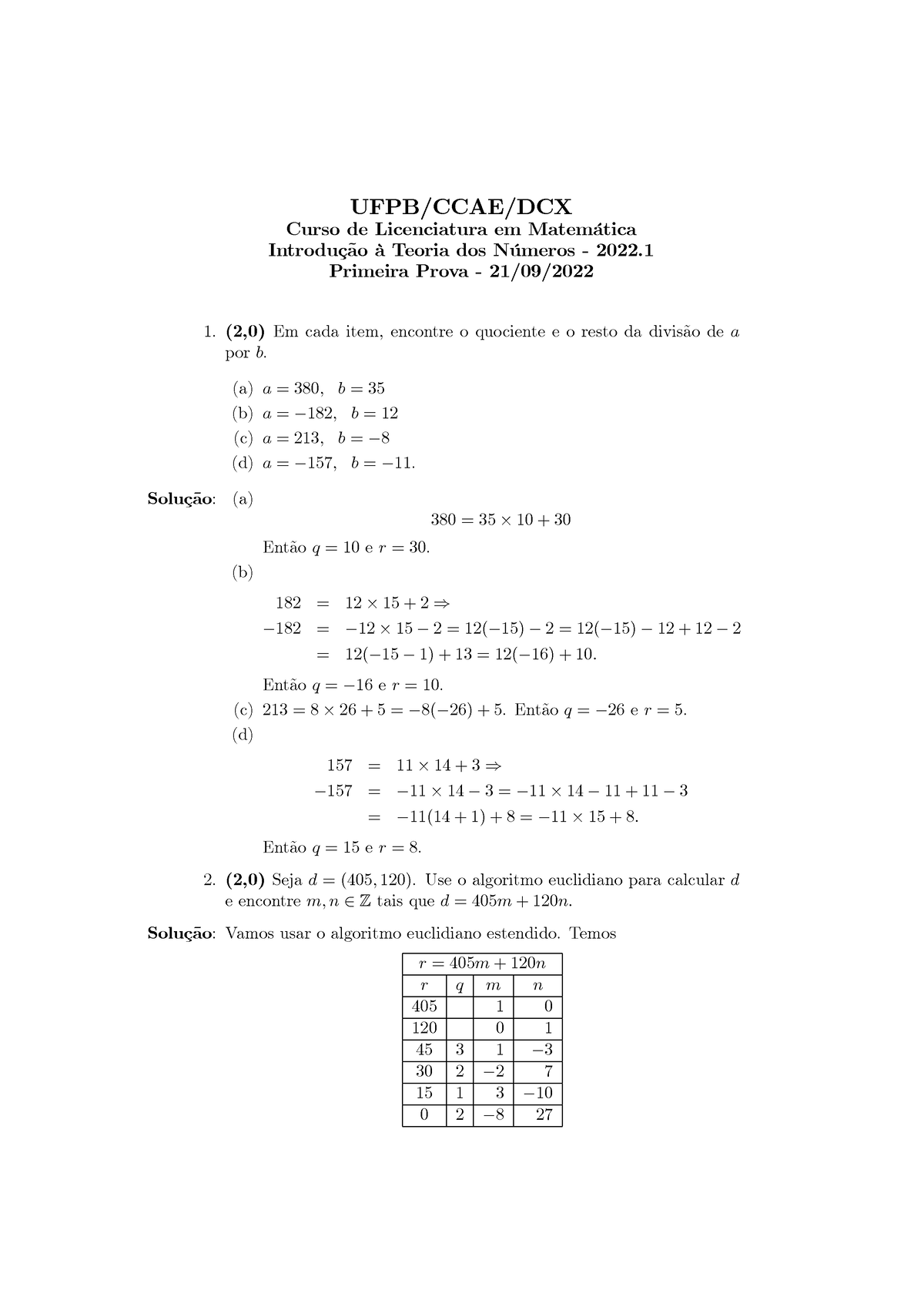 Prova 1(resolvida) Teoria Dos Numeros - UFPB/CCAE/DCX Curso De ...