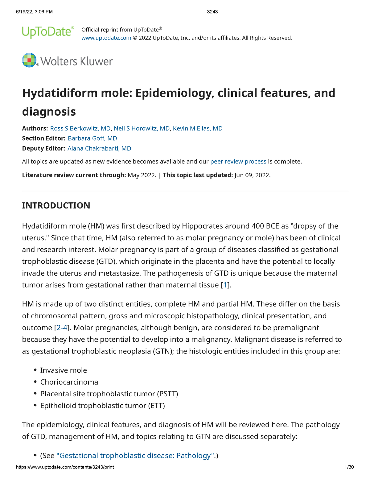 Mola hidatidiforme 2.0 - Official reprint from UpToDate uptodate © 2022 ...
