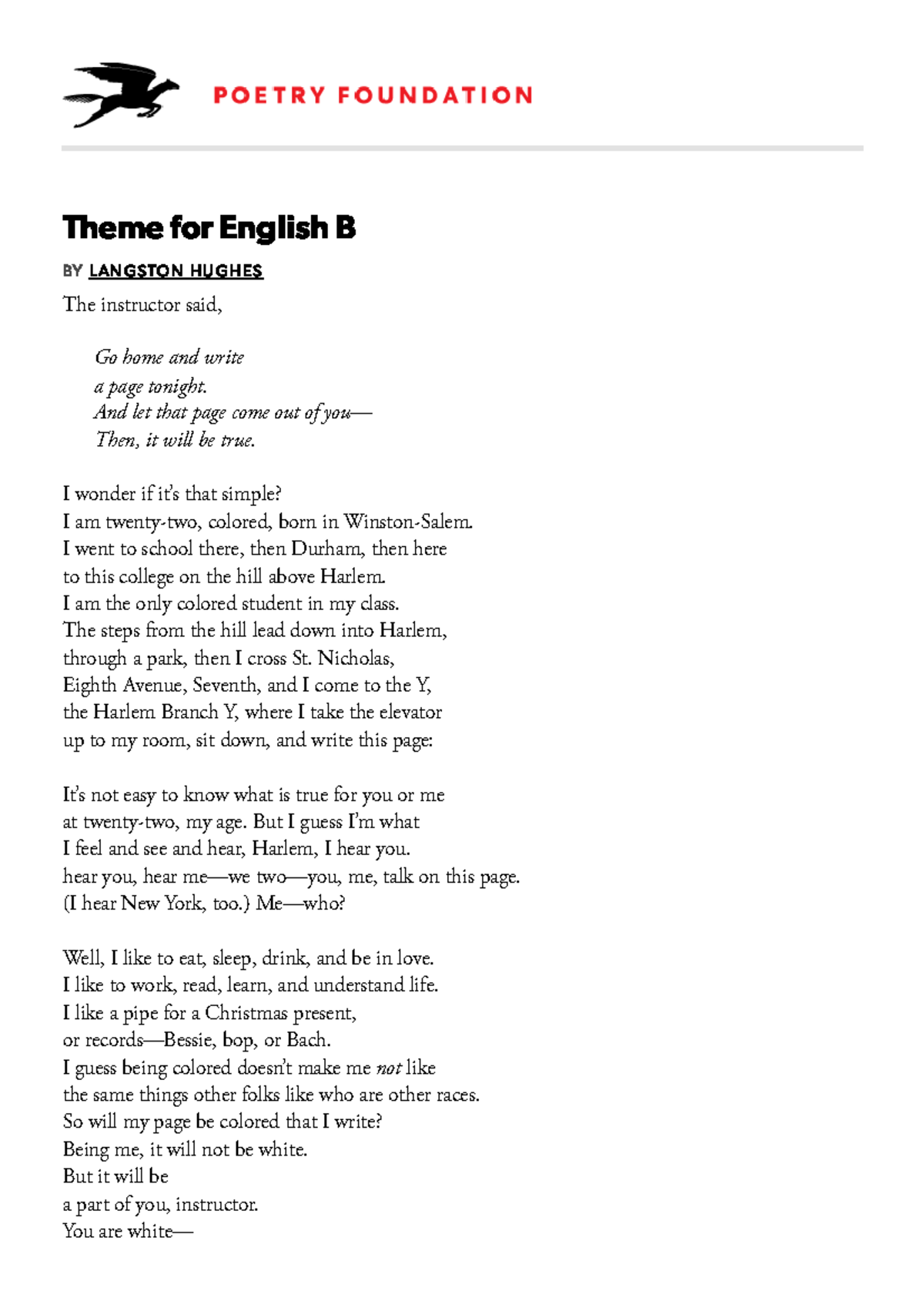 1 Langston Hughes Theme For English - Theme For English B BY L AN GSTO ...