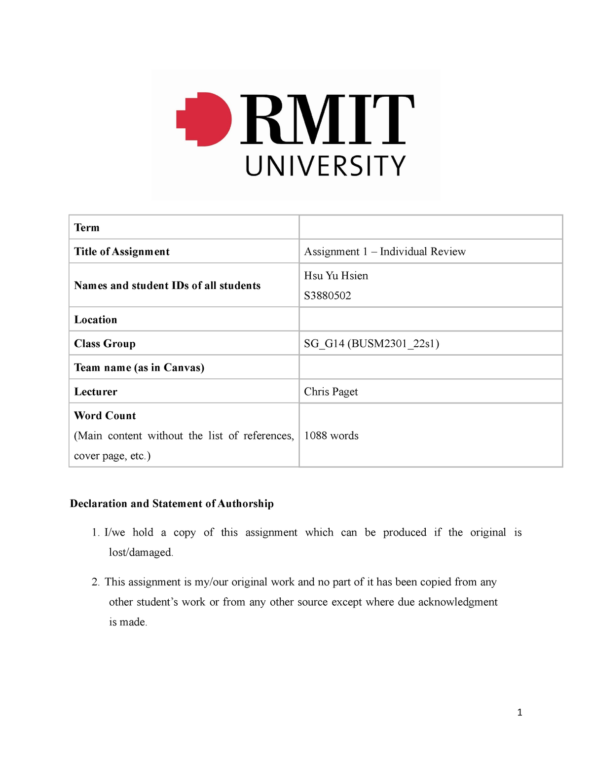 organisational analysis rmit assignment 2